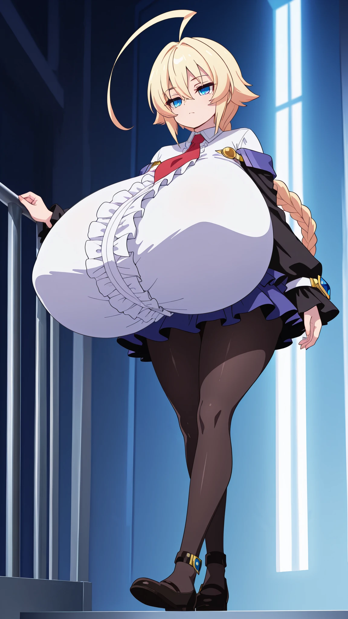 masterpiece, quality, 8k, Super Detailed,
anime style, Anime Coloring, The Shading, hand drawn look, digital painting, soft shading on a human girl's chest, detailed lighting, bright colors, flat color texturは,
1girl, solo,blue eyes,Blonde, Huge ahoge, long hair, dress, underbust, センターfrills, red tie, white shirt, frills, wide sleevは, miniskirt, black pantyhose, ,"gigantic breasts:80.0),,short stack,Puzzled face,full body,low angle with handrail,Holding Nothing in Your Hand,see here,,Indoor,