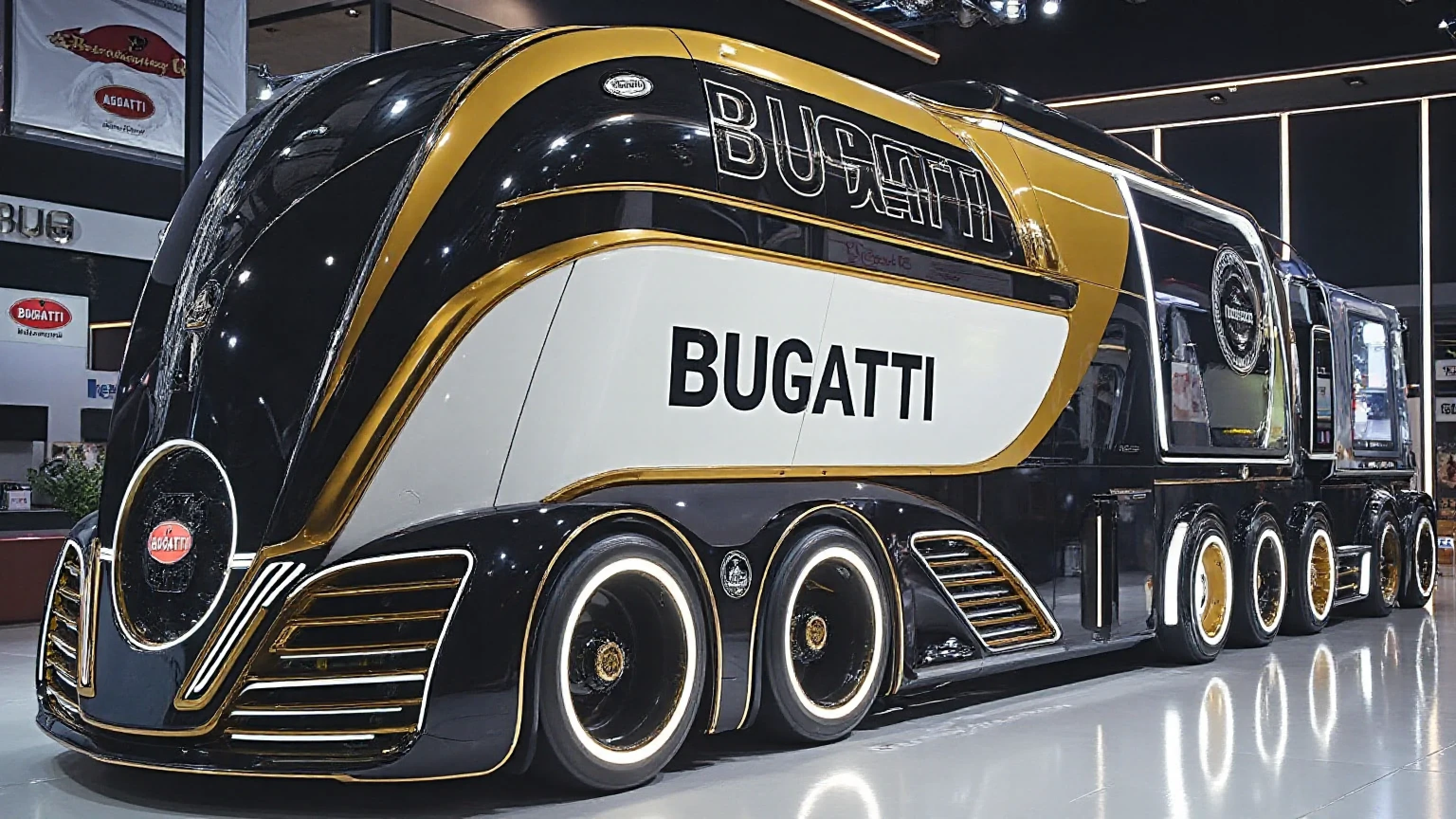 A futuristic ultra-luxury Bugatti truck concept displayed in a modern showroom. The truck has a sleek, aerodynamic, and futuristic design with a glossy black and white body accented by gold trim. The word 'BUGATTI' is boldly written on the side in large black letters. The front has a rounded, futuristic cab with illuminated Bugatti emblem and glowing LED strip lights around the edges. The truck features multiple axles with large, glossy black wheels and Bugatti-branded rims. Windows are tinted dark, with smooth curves and high-tech details. The lighting is bright, reflecting off the polished floor of the showroom with ceiling spotlights and modern decor in the background. The overall look should emphasize elegance, cutting-edge technology, and futuristic luxury.