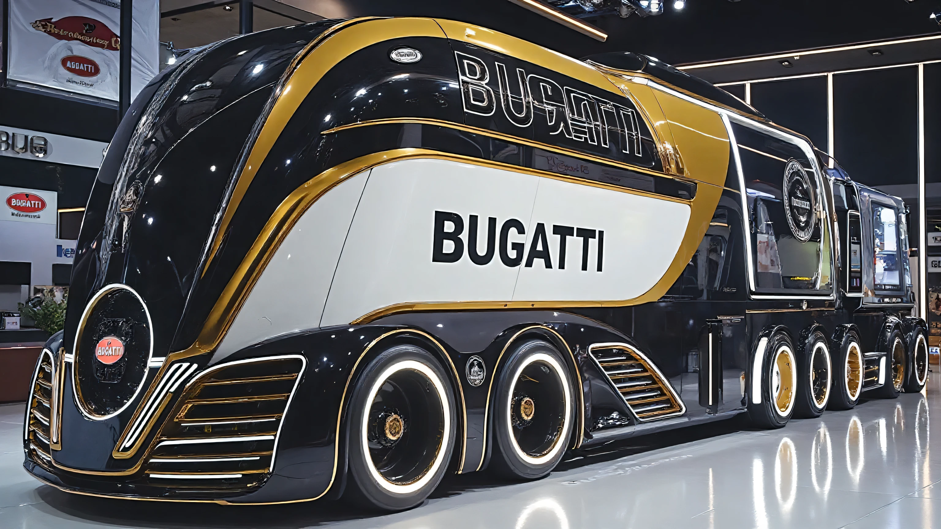 A futuristic ultra-luxury Bugatti truck concept displayed in a modern showroom. The truck has a sleek, aerodynamic, and futuristic design with a glossy black and white body accented by gold trim. The word 'BUGATTI' is boldly written on the side in large black letters. The front has a rounded, futuristic cab with illuminated Bugatti emblem and glowing LED strip lights around the edges. The truck features multiple axles with large, glossy black wheels and Bugatti-branded rims. Windows are tinted dark, with smooth curves and high-tech details. The lighting is bright, reflecting off the polished floor of the showroom with ceiling spotlights and modern decor in the background. The overall look should emphasize elegance, cutting-edge technology, and futuristic luxury.