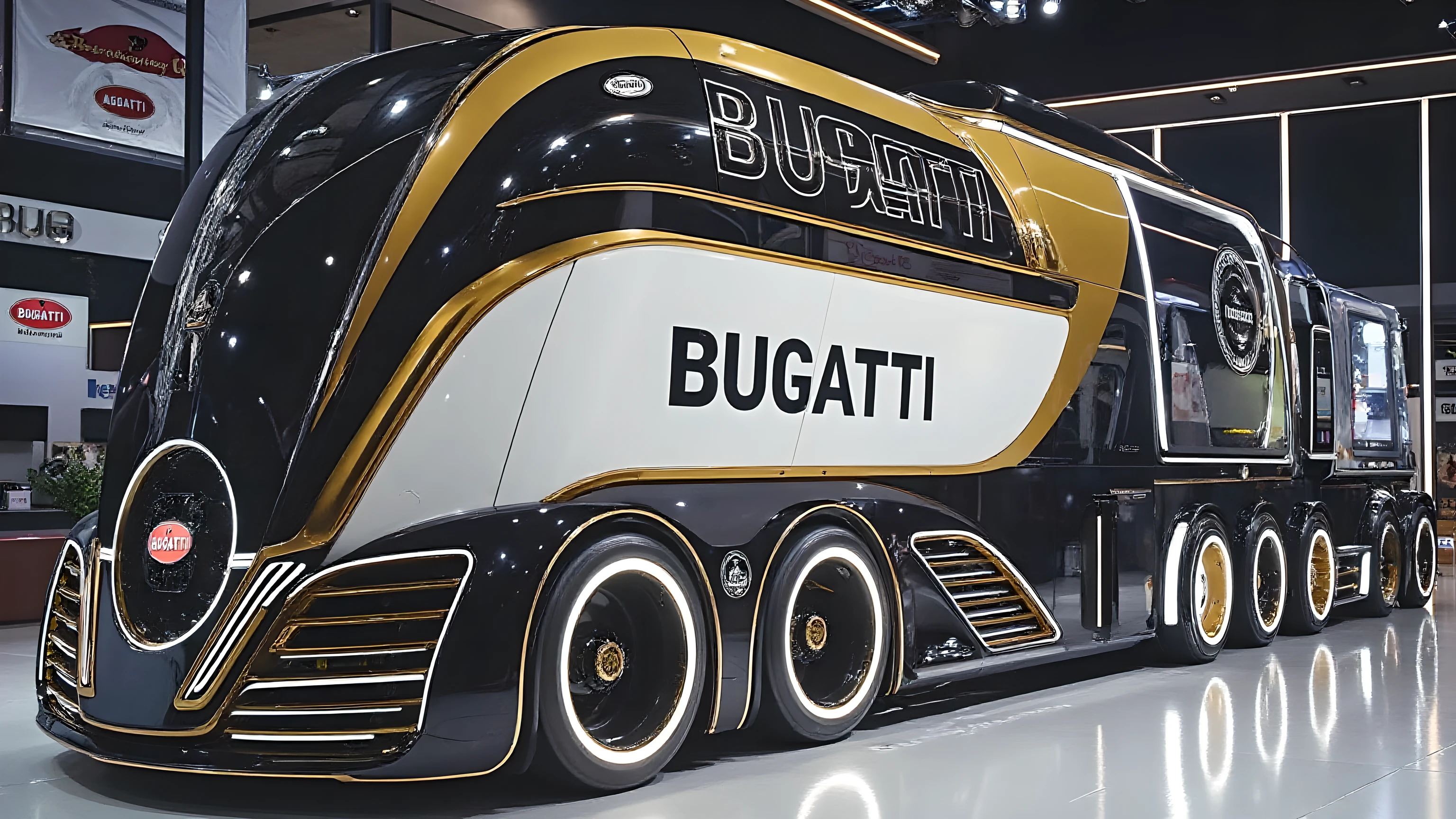 A futuristic ultra-luxury Bugatti truck concept displayed in a modern showroom. The truck has a sleek, aerodynamic, and futuristic design with a glossy black and white body accented by gold trim. The word 'BUGATTI' is boldly written on the side in large black letters. The front has a rounded, futuristic cab with illuminated Bugatti emblem and glowing LED strip lights around the edges. The truck features multiple axles with large, glossy black wheels and Bugatti-branded rims. Windows are tinted dark, with smooth curves and high-tech details. The lighting is bright, reflecting off the polished floor of the showroom with ceiling spotlights and modern decor in the background. The overall look should emphasize elegance, cutting-edge technology, and futuristic luxury.