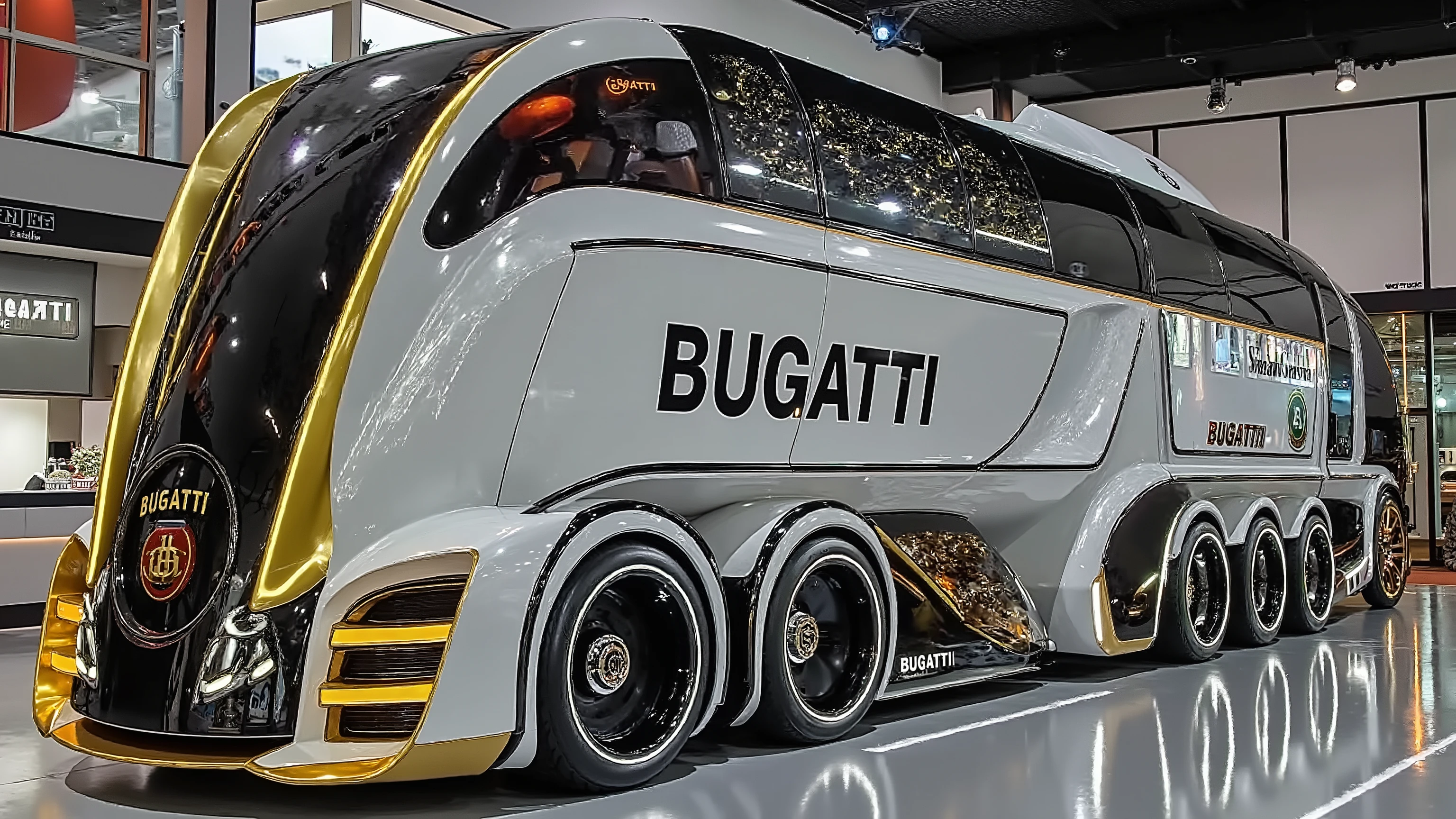 A futuristic ultra-luxury Bugatti truck concept displayed in a modern showroom. The truck has a sleek, aerodynamic, and futuristic design with a glossy black and white body accented by gold trim. The word 'BUGATTI' is boldly written on the side in large black letters. The front has a rounded, futuristic cab with illuminated Bugatti emblem and glowing LED strip lights around the edges. The truck features multiple axles with large, glossy black wheels and Bugatti-branded rims. Windows are tinted dark, with smooth curves and high-tech details. The lighting is bright, reflecting off the polished floor of the showroom with ceiling spotlights and modern decor in the background. The overall look should emphasize elegance, cutting-edge technology, and futuristic luxury.