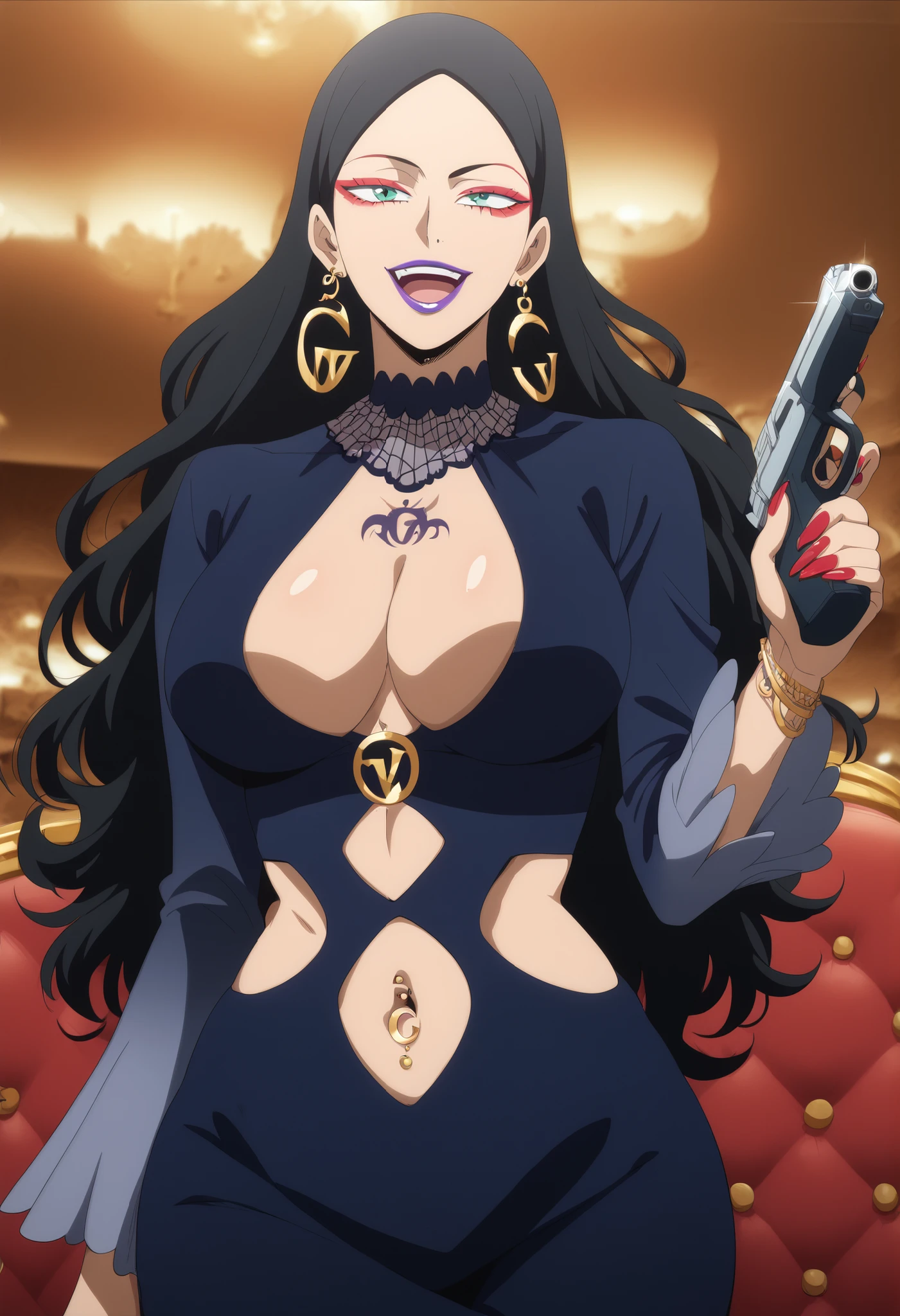 BNHDeborahGollini, black hair, green eyes, long hair, , makeup, lipstick, purple lips, red eyeshadow, long fingernails, nail polish, red nails, , crescent earrings, wide , curvy, detailed eyes, detailed hair, detailed skin, looking at viewer, masterpiece, best quality, highly detailed, a girls in long dress with navel cutout posing for a picture, evil smile, smile, open mouth, () , revealing dress, beautiful dress center opening , long dress with bellybutton showing, official artwork, exposed navel, exposed bellybutton, jewelry, earrings, complex detailed background, casino environment, fancy interior environment, rich interior, holding a gun, holding pistol, navel piercing, ,dragon tattoo, narrowed eyes, tattoo midriff,