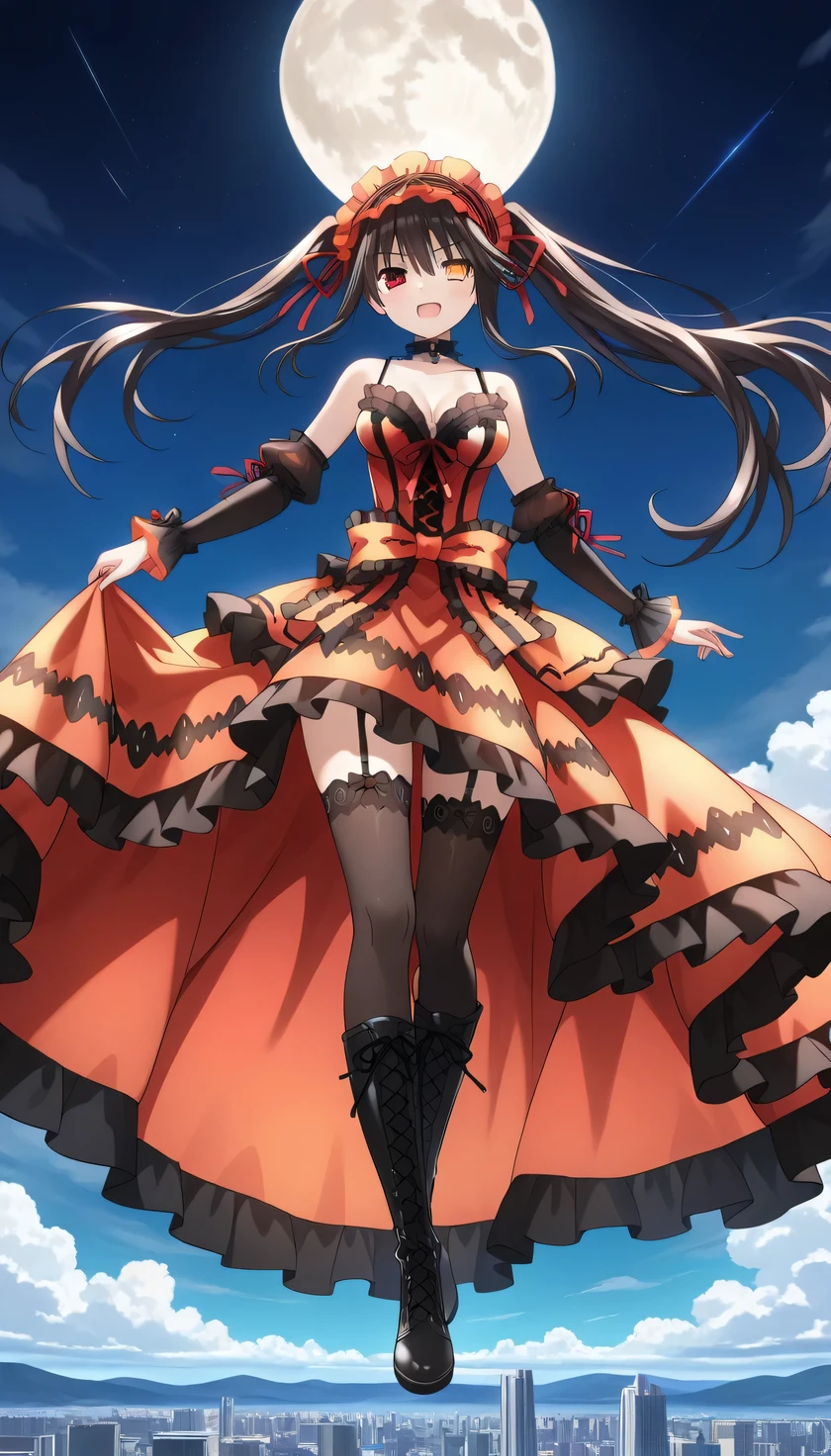 {{{masterpiece}}}, (best quality:1.5), (ultra-detailed:1.5), {illustration}, {{an extremely delicate and beautiful}}, (beautiful detailed eyes:1.6), absurdres, highres, extremely detailed face, 16k, hd, visual anime de uma jovem mulher, extremamente bonito rosto de anime, anime melhor garota, (perfect hands, perfect anatomy), anime face, kurumi tokisaki(Date A Live), kurumi, One girl, cute face, long hair, black hair, sidelocks, (twintails:1.5), uneven Twin tails, (red eyes:1.3), (yellow eyes:1.3), (heterochromia:1.5), (High resolution eyes, Beautiful eyes, Light in the eyes), medium breasts, big hips, curvaceous, BREAK, kurumi tokisaki astral dress, red Headdress, dress, frilled dress, astral dress, (red dress:1.3), red bustier, bare shoulders, collarbone, chest, black choker, detached sleeves, black sleeves, red ruffle skirt, (very long skirt:1.3), black petticoat, multi-tier skirt, (black overskirt:1.1), waist ribbon(red ribbon), (black thighhighs:1.3), garter belt, boots, Cross-laced shoes, knee boots, lace-up boots, thighs, zettai ryouiki, BREAK, reach out your hand, sky above, floating, above the clouds, smirk, cool face, open mouth, looking at viewer, outdoor, night, city ​​night view, night sky, moon, (fluttering skirt:1.3), peer in from below