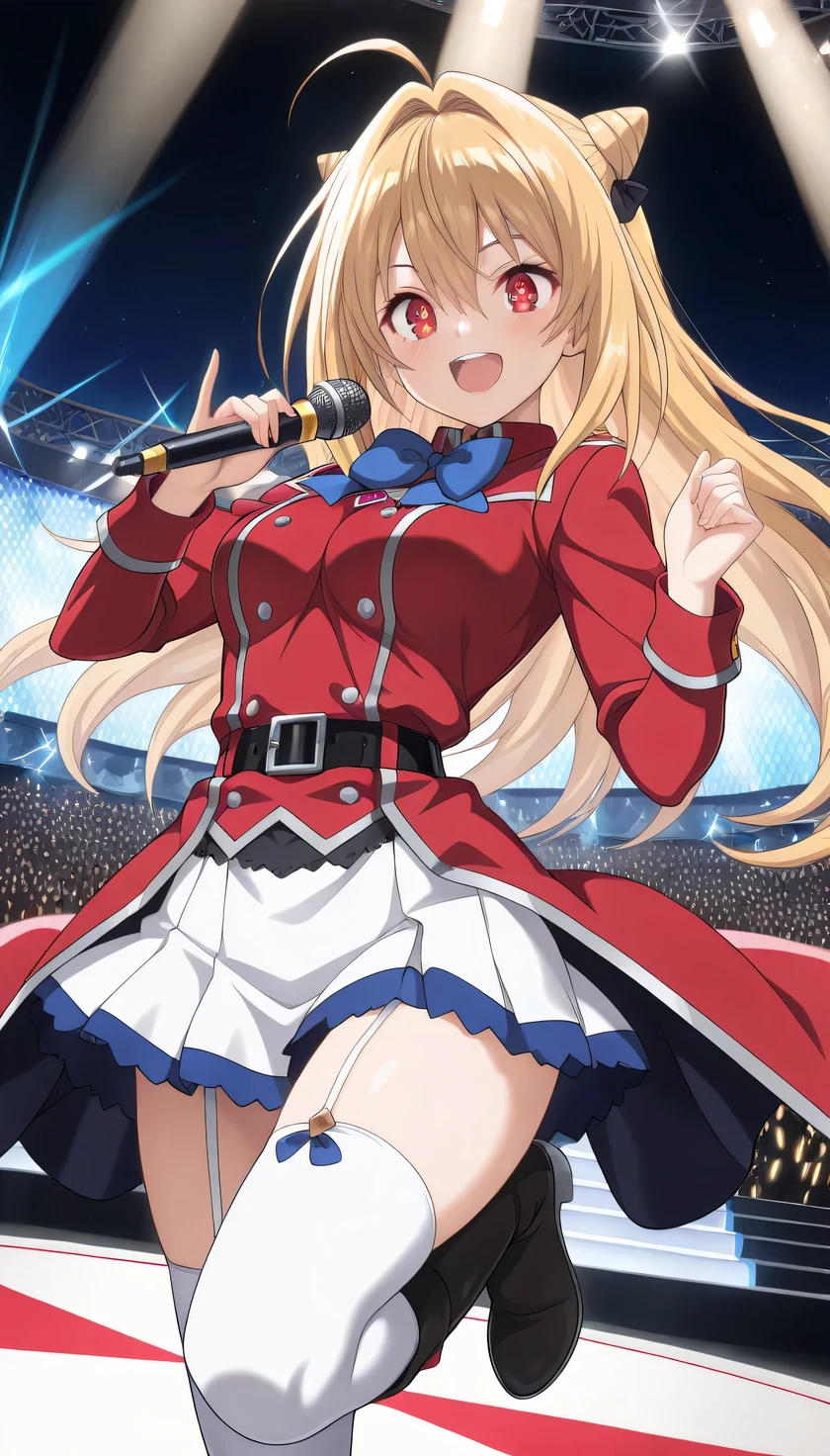 {{{masterpiece}}}, (best quality:1.5), (ultra-detailed:1.5), {illustration}, {{an extremely delicate and beautiful}}, (beautiful detailed eyes:1.6), absurdres, highres, extremely detailed face, 16k, hd, visual anime de uma jovem mulher, extremamente bonito rosto de anime, anime melhor garota, (perfect hands, perfect ), anime face, Terakomari Gandesblood (Hikikomari Kyuuketsuki no Monmon), 1girl, solo, cute face, long hair, blonde hair, cone hair bun, hair ornament, hair intakes, ahoge, hair between eye, red eyes, , big , curvaceous, BREAK, {military uniform}, blue bowtie, (red jacket:1.2), red coat, double-breasted, long sleeves, blue bowtie, black belt, (red waist cape:1.2),  white skirt, mini skirt, pleated skirt, garter straps, white thighhighs,black boots, thighs, zettai ryouiki, BREAK, 1girl, solo, smile, open mouth, microphone, dancing, jumping, sing , singing, joyful, cute pose, dynamic pose, dynamic angle, indoor, stage, on stage, audience