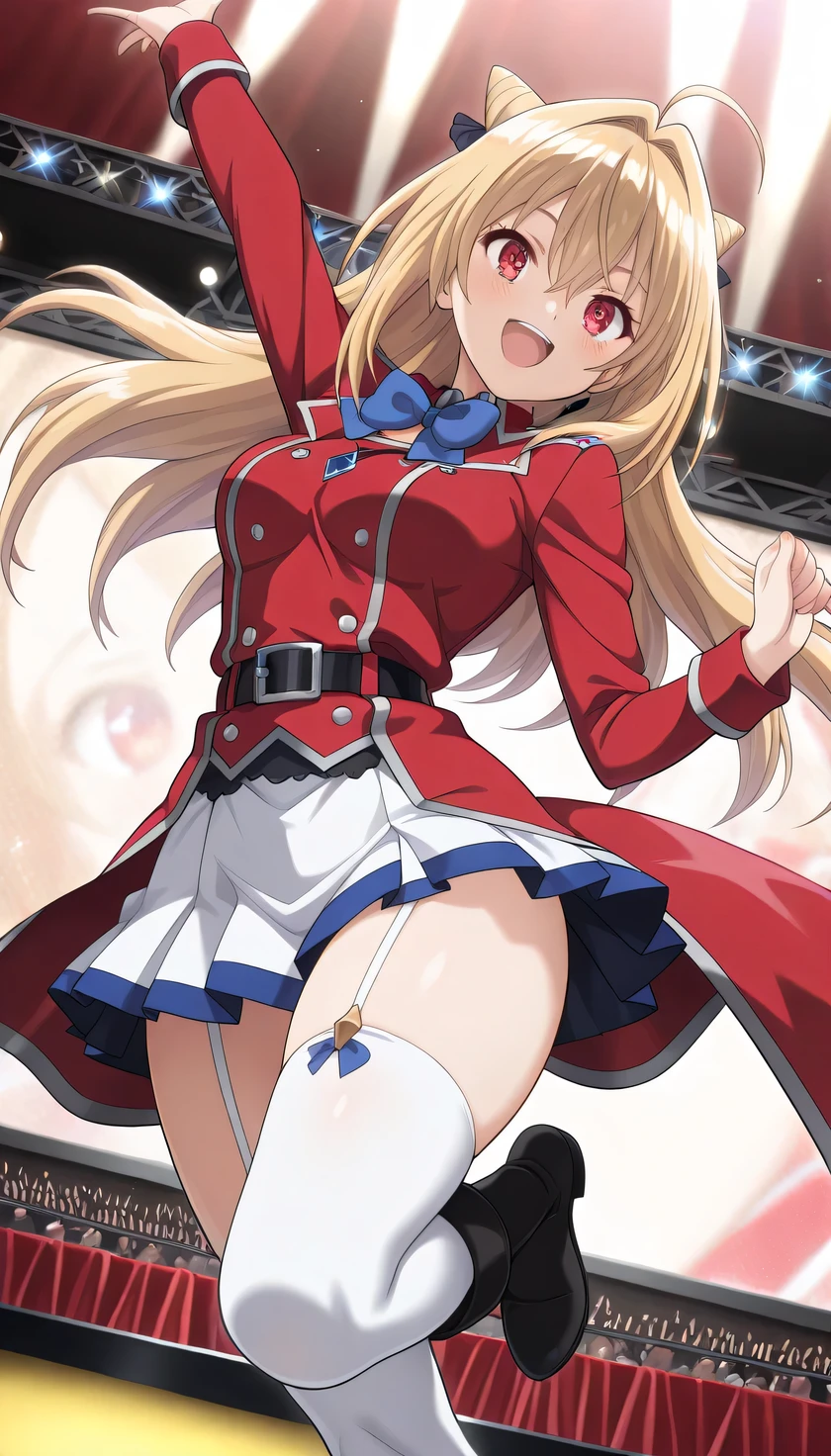 {{{masterpiece}}}, (best quality:1.5), (ultra-detailed:1.5), {illustration}, {{an extremely delicate and beautiful}}, (beautiful detailed eyes:1.6), absurdres, highres, extremely detailed face, 16k, hd, visual anime de uma jovem mulher, extremamente bonito rosto de anime, anime melhor garota, (perfect hands, perfect ), anime face, Terakomari Gandesblood (Hikikomari Kyuuketsuki no Monmon), 1girl, solo, cute face, long hair, blonde hair, cone hair bun, hair ornament, hair intakes, ahoge, hair between eye, red eyes, , big , curvaceous, BREAK, {military uniform}, blue bowtie, (red jacket:1.2), red coat, double-breasted, long sleeves, blue bowtie, black belt, (red waist cape:1.2),  white skirt, mini skirt, pleated skirt, garter straps, white thighhighs,black boots, thighs, zettai ryouiki, BREAK, 1girl, solo, smile, open mouth, microphone, dancing, jumping, sing , singing, joyful, cute pose, dynamic pose, dynamic angle, indoor, stage, on stage, audience