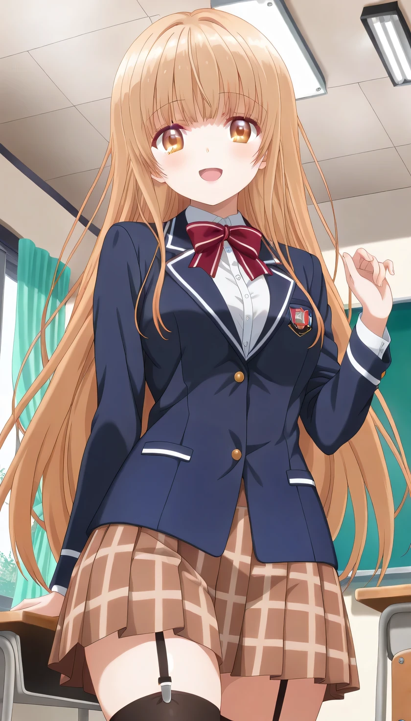 {{{masterpiece}}}, (best quality:1.5), (ultra-detailed:1.5), {illustration}, {{an extremely delicate and beautiful}}, (beautiful detailed eyes:1.6), absurdres, highres, extremely detailed face, 16k, hd, visual anime de uma jovem mulher, extremamente bonito rosto de anime, anime melhor garota, (perfect hands, perfect anatomy), anime face, Shiina Mahiru, mahirushiinauf, aamahiru, 1girl, solo, cute face, very long hair, Blonde Hair, bangs, sidelocks, flushed cheeks, multicolored eyes, brown eyes, yellow eyes, (High resolution eyes, Beautiful eyes, Light in the eyes), Slender, medium breasts, big hips, curvaceous, BREAK, red bowtie, (dark blue jacket:1.1), close jacket, blazer, long sleeves, white shirt, pleated skirt, plaid skirt, brown skirt, garter straps, (black thighhighs:1.2), thighs, zettai ryouiki, BREAK,1girl, cowboy shot, smiling, open mouth, kyoushitsu, classroom, indoors, school chair, school desk, chalkboard, window, ceiling light, curtains, smiling, peer in from below, looking at viewer, daytime, flushed cheeks