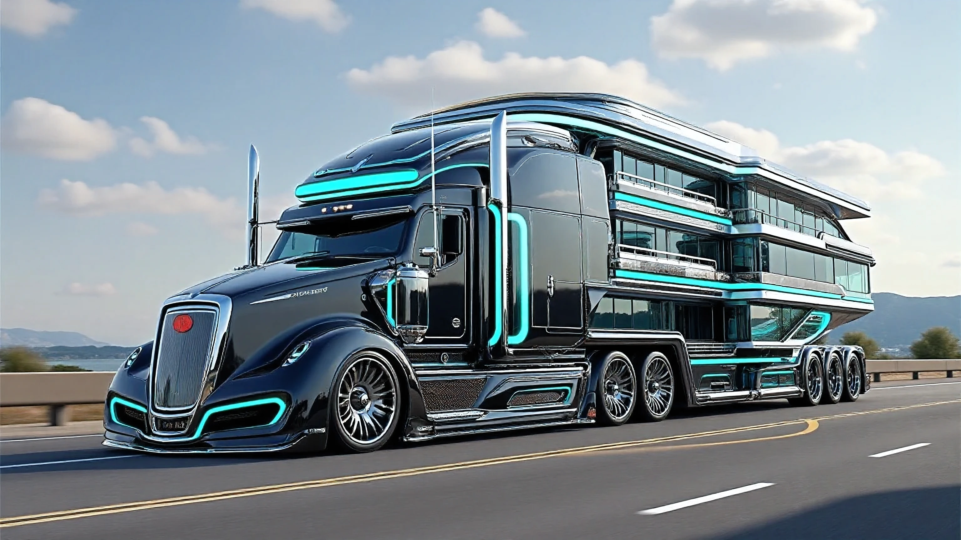 A futuristic ultra-luxury motorhome truck driving on a highway with mountains in the background. The vehicle has a sleek black and chrome design with glowing neon blue highlights. The front resembles a modern semi-truck with an aerodynamic Bugatti-inspired grille, aggressive headlights, and a massive multi-axle wheel setup with shiny chrome rims. The trailer section is a huge two-story luxury home on wheels, featuring glass walls, terraces, outdoor staircases, and rooftop lounges. The design combines high-end modern architecture with futuristic sci-fi aesthetics. Bright sunny day with clear skies, realistic details, and cinematic quality.