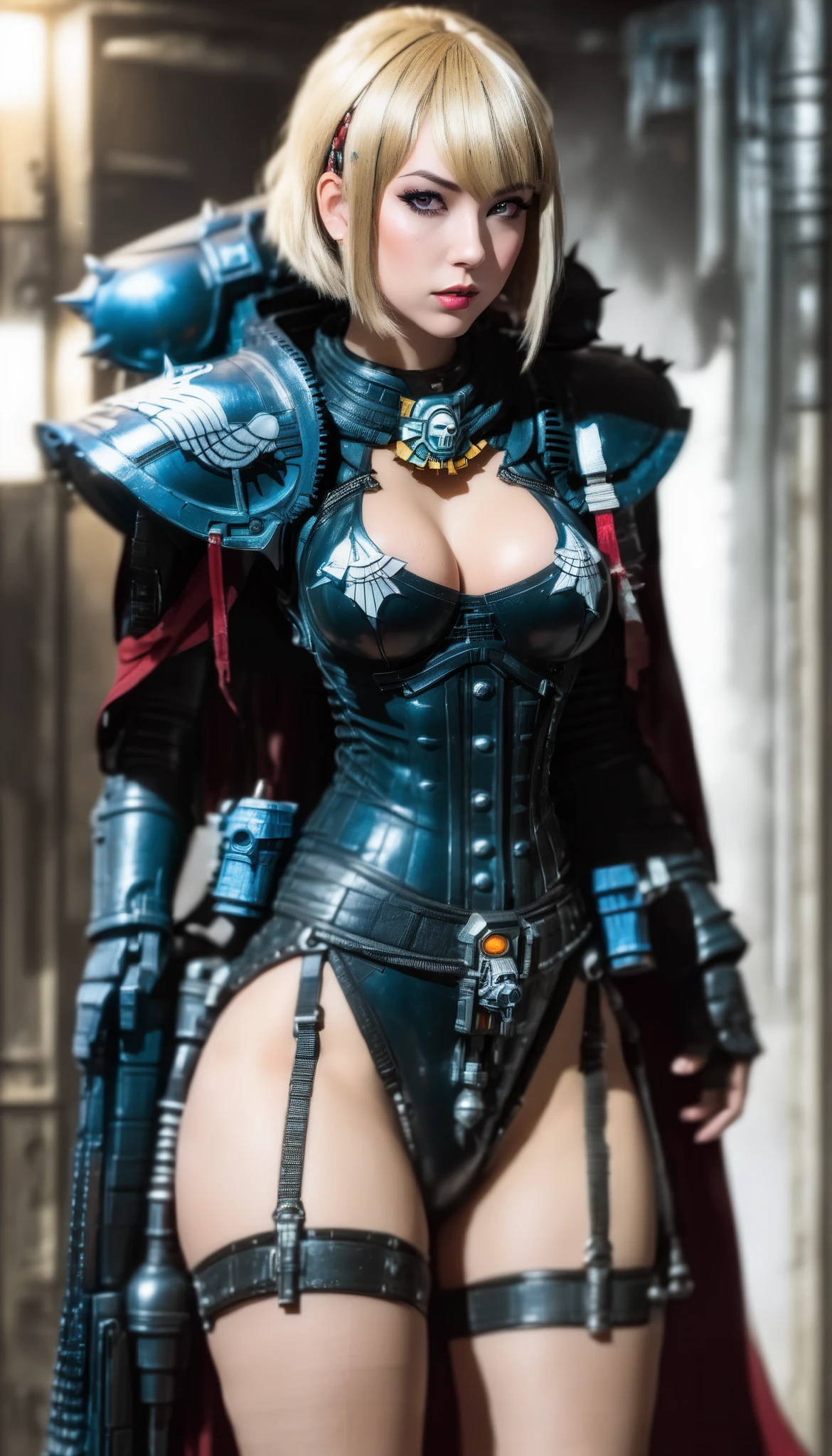 Important (military uniform, bloodborn coat, detective, warhammer 40 000 theme, battle sister, space marine armor, very wide hips, thicc lower body, big breast):
Scene (space ship corridor):
Character Face ( focused, red chicks, glowing pupils, make up, augmentations on right side, tatto on left side):
Character Body (oiled skin, sweat skin, huge tits busting out from metal bra, neon glowing electric rings, neon glowing electric collar, wide hips huge ass, thicc legs, big, ass cheeks, hips trapezoidal, big butt, wide hips, thin waist):
Character Hair (bob, black hair):
Character Clothes (long coat, gun in hand, tight beige leggins, commissioner long coat, zippers belts, garter belt, high heeled tight high boots on the ground, stockings, micro thongs, steel chest armor):
Character Action (walking with butt plug):
View (full body):
Scene light (strong, lighting, emphasizing curves):
Color tones (rich and vibrant colors, warm tones, saturated, contrasted):
Image quality (illustration, photography, 8k, super detail, best quality, 8k, high details, anatomically correct, masterpiece, highres, best quality, award winning, high quality, high details, super detail, erotic art, pin-up, glamour, fine art photography):