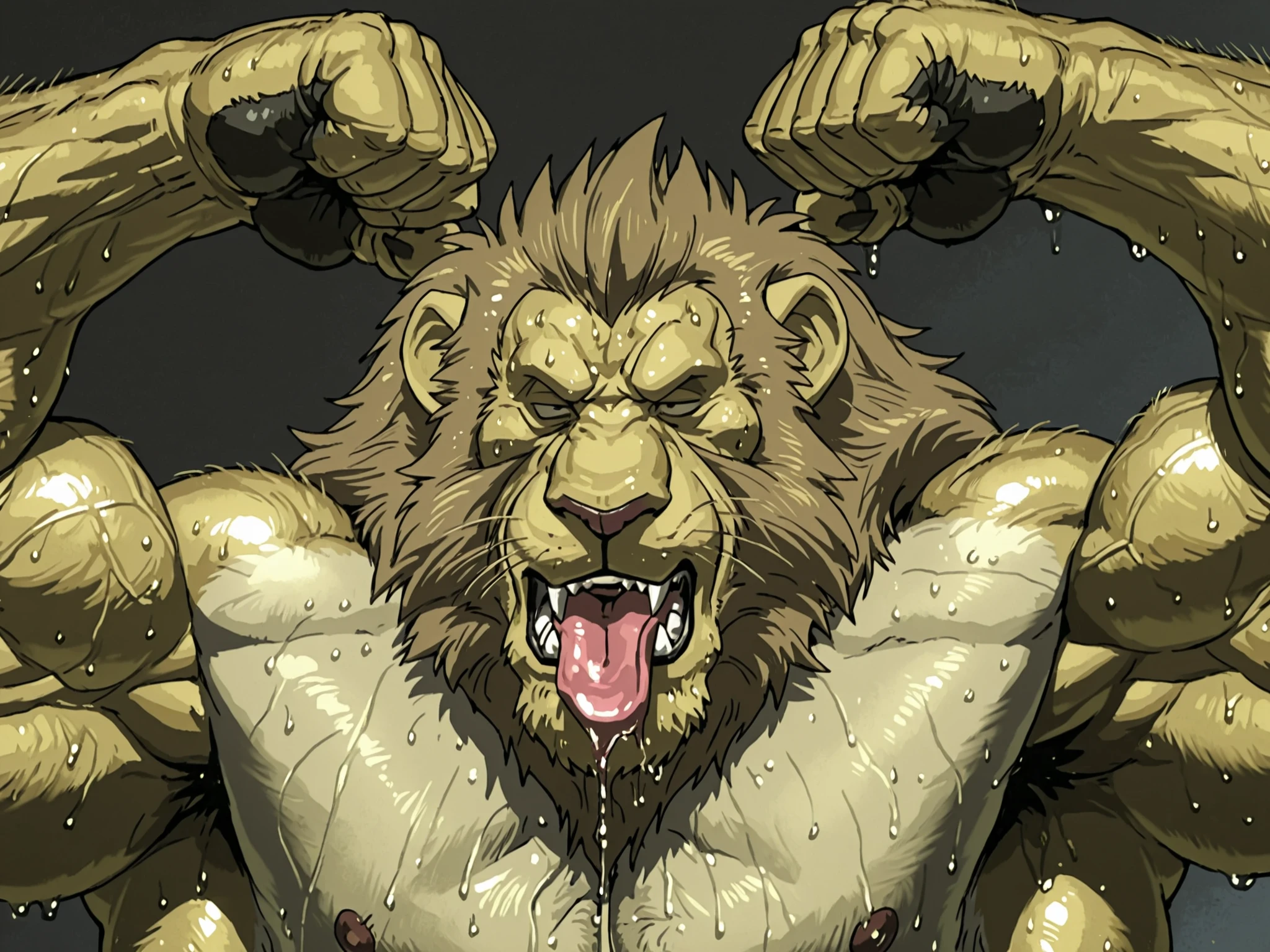 score_9_up,score_8_up,score_7_up,score_6_up,score_5_up,score_4_up BREAK, upper body, close up, solo BREAK 1boy,
kemono, bara, furry, Heinkel, 1boy, anthro, lion, mature male, athletic build, detailed black eyes, detailed face, brown hair, tan body, animal ears,
huge (muscular), ripped, tall, broad shoulders, detailed muscles,
topless,
(lowered head), flexing,
half lidded eyes, (exhausted) expression, tired, bothered, dizzy expression, effort, struggling, tongue out, (sweat, sweat dripping),
((sweat dripping)), (sweat), musky,
simple background, by nightterror,
