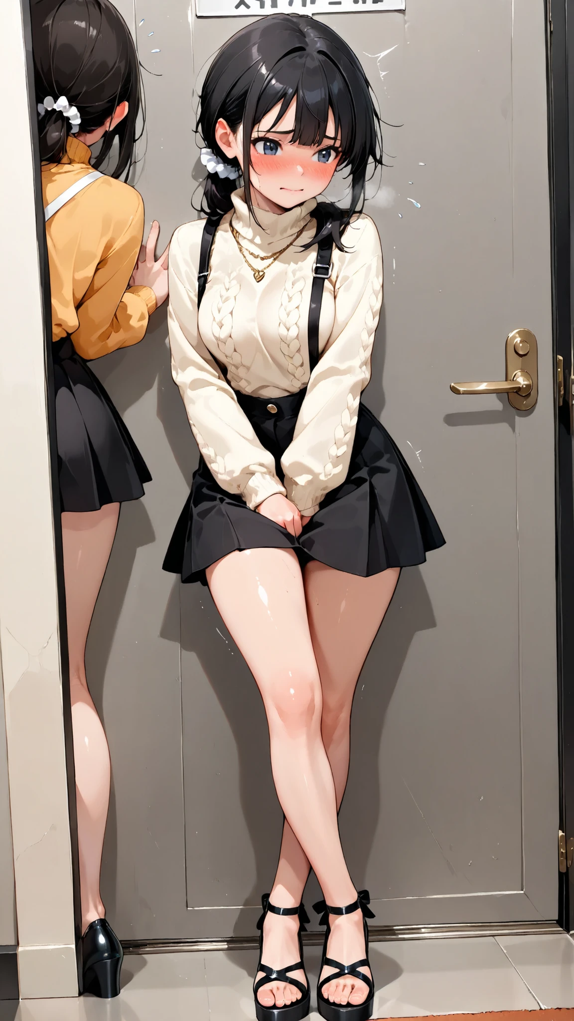score_9, score_8_up, score_7_up, score_6_up, score_5_up, score_4_up, (extremely detailed and high-quality illustration), (best lighting effects, ultra-realistic), BREAK, (two girls separated), waiting in line for bathroom, outside of bathroom door, beautiful medium breasts, shiny skin, attractive thighs, (black hair, low ponytail), (light brown turtleneck knit sweater, white suspender culotte skirt over skort, black wedge pumps, white scrunchie), BREAK, she forced to hold her pee, desperate to pee, trying her best to hold pee in, HOLD IN URINE, (expression of panic), expression of patience, blush, (squinting:0.7), (painful), (urgent in deep panting), (Impatience:1.3), (embarrassed), (humiliated), (arched back:1.1), (one hand between legs frantically hold her crotch:1.3), double-crossed legs or shifting legs, dramatic angle,