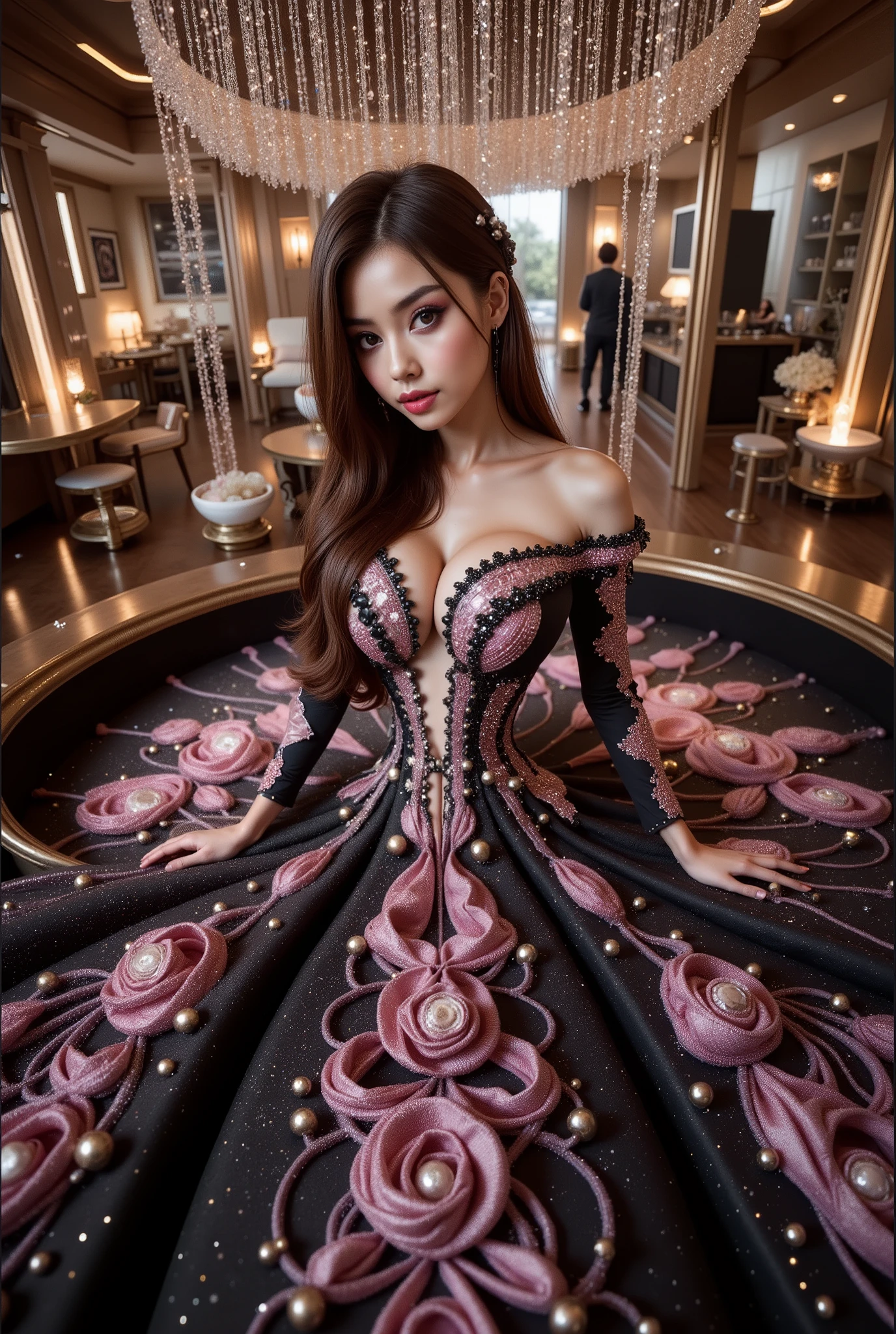 A cute asian idol girls white-skinned, blue-eyed, thin lips, shadow eye, eyelashes, Gigantic fake boobs, Breast Press, small waist, slim body, asian girls in a strapless dress sitting in space, galaxy motif on dress, UHD, luxurious mechanism dress, ornate dress, shiny dress, sparkling dress, glossy motif dresses, elaborate fantasy dress with galaxy motif, elaborate fantasy long dress, expensive, voluminous dress, wearing a magnificent dress, fantasy dress, beautiful digital artwork, luxurious dress, beautiful fantasy empress, wearing ornate clothes, wearing a strapless dress made of beads and carbon fiber, photo with very sharp details, best quality:1.2),,(8k,highres,RAW photo,realistic,photo-realistic:1.3),(detailed skin texture,detailed cloth texture,detailed flame texture, beautiful detailed face:1.25),professional lighting,photon mapping,beautiful soft light,radiosity,physically-based rendering,raytracing, model shoot style, model shoot style, (extremely detailed CG unity 8k wallpaper), full shot body photo of the most beautiful artwork in the world. (Body Navel) push up breast. Breast press.