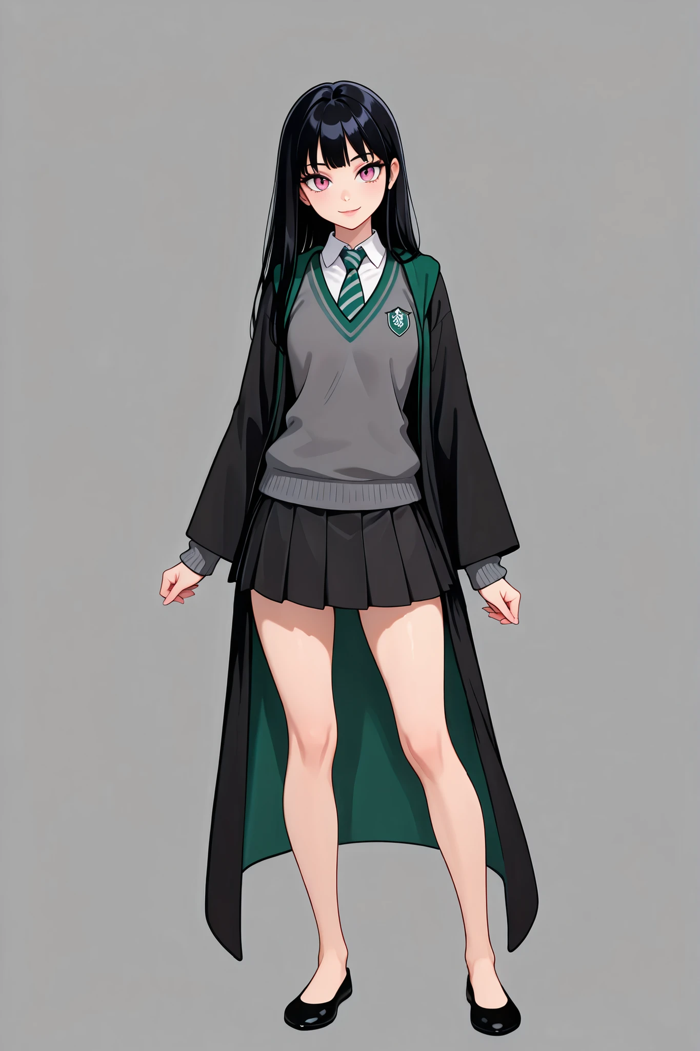 score_9, score_8_up, score_7_up, best quality, masterpiece, 4k resolution, 1girl, solo, youthful, beautiful, full body, long straight hair, pitch black hair, sakura pink eyes, sharp eyes, looking at viewer, elegant posture, bare legs, smooth body, clean skin,  hogwarts uniform, slytherin, black robe, necktie, striped necktie, collared shirt, sweater, pleated skirt, grey sweater, flats, ballet shoes, black shoes, vibrant expression,