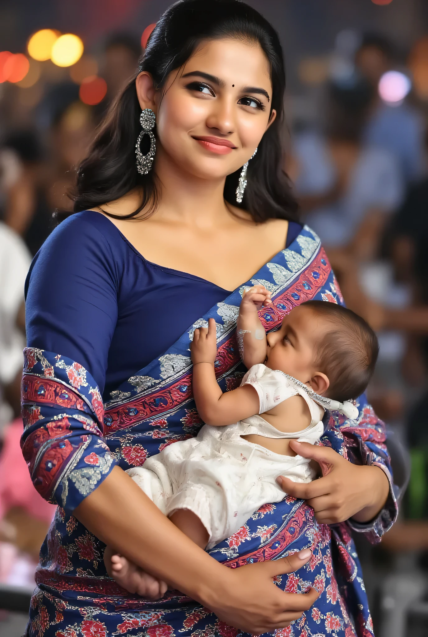 Full size photo of pregnant sexy KajalA , only with his cute little new born boy baby pic with top view, curvy, hourglass figure, swooping breasts, deep cleavage, itemsong dress, sexy navel, subtle smile, seductive pose, erotic pose, (( hair)), necklace, earrings, red lips, nose ring, bright light photoshoot model, qwith his cute little bew born boy baby pic