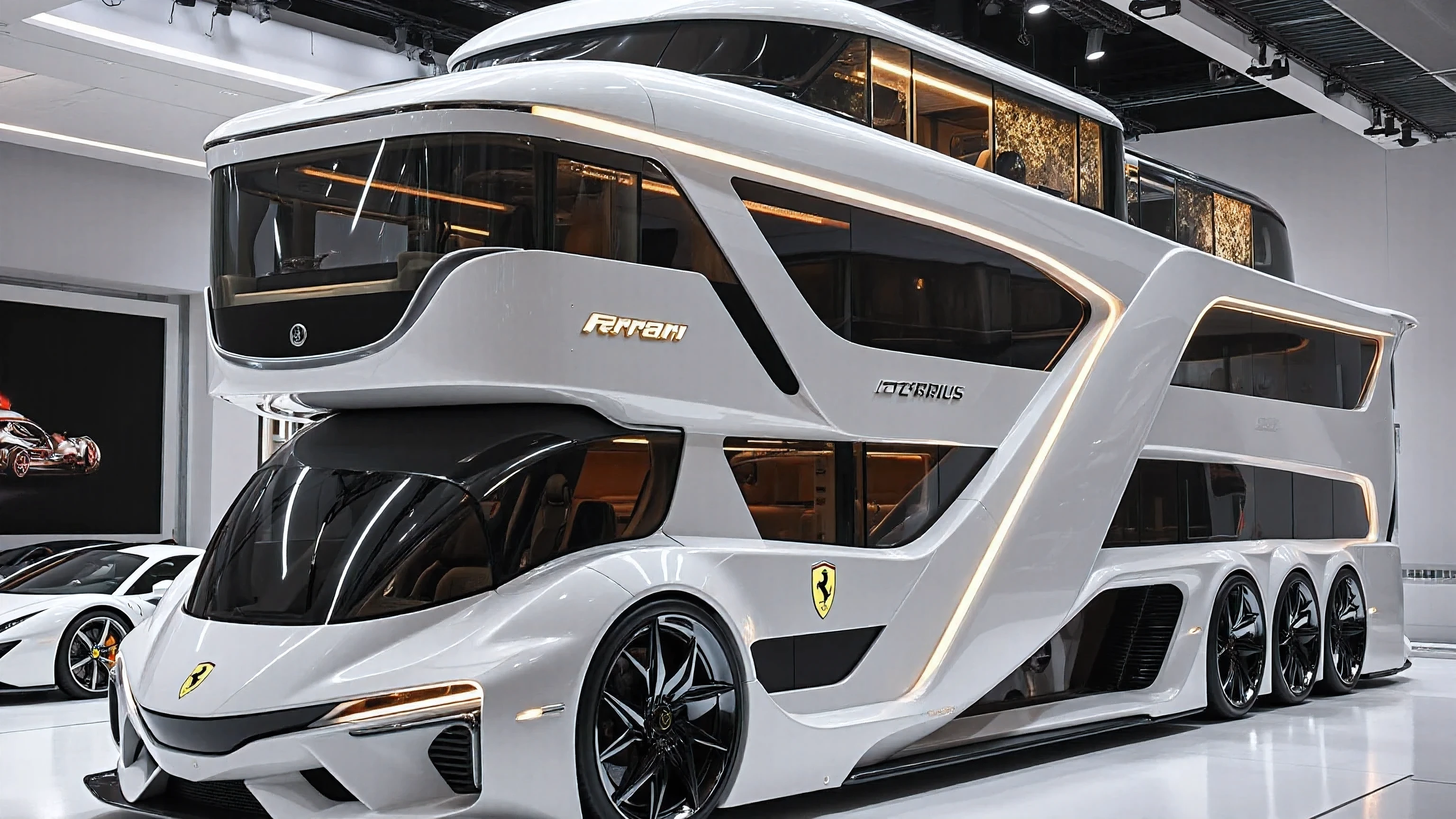 A futuristic luxury Ferrari motorhome concept displayed inside a modern high-end showroom. The vehicle is a massive, multi-level supercar-inspired RV with sleek, aerodynamic Ferrari styling. It has a glossy white body with sharp geometric angles, bold contours, and futuristic detailing.

The front resembles a Ferrari supercar with a sharply pointed nose, wide black tinted windshield wrapping around the front, aggressive triangular air intakes, and the Ferrari prancing horse logo on the nose. The wheels are oversized, jet-turbine-style rims in glossy black with low-profile tires, giving a hypercar feel.

The vehicle has multiple stacked levels like a luxury yacht on wheels:

Lower level: sleek side windows, futuristic black panels, clean white surfaces.

Middle level: large tinted windows, a bold side panel featuring the Ferrari logo, the word Ferrari Ferrius in glowing gold letters, and sharp diagonal supports cutting across the body.

Upper level: panoramic glass lounge with circular glowing LED light fixtures on the ceiling, wrapping glass windows, and a balcony-like structure.

Roof level: an open deck with railings, resembling a yacht’s top deck.

The environment is a futuristic luxury showroom with white polished floors, bright lighting, and glass walls. Other cars are visible in the background, including white sports cars. A glowing wall display on the left shows a digital car advertisement. The entire scene feels ultra-modern, blending Ferrari supercar aesthetics with futuristic motorhome and yacht-like luxury design."