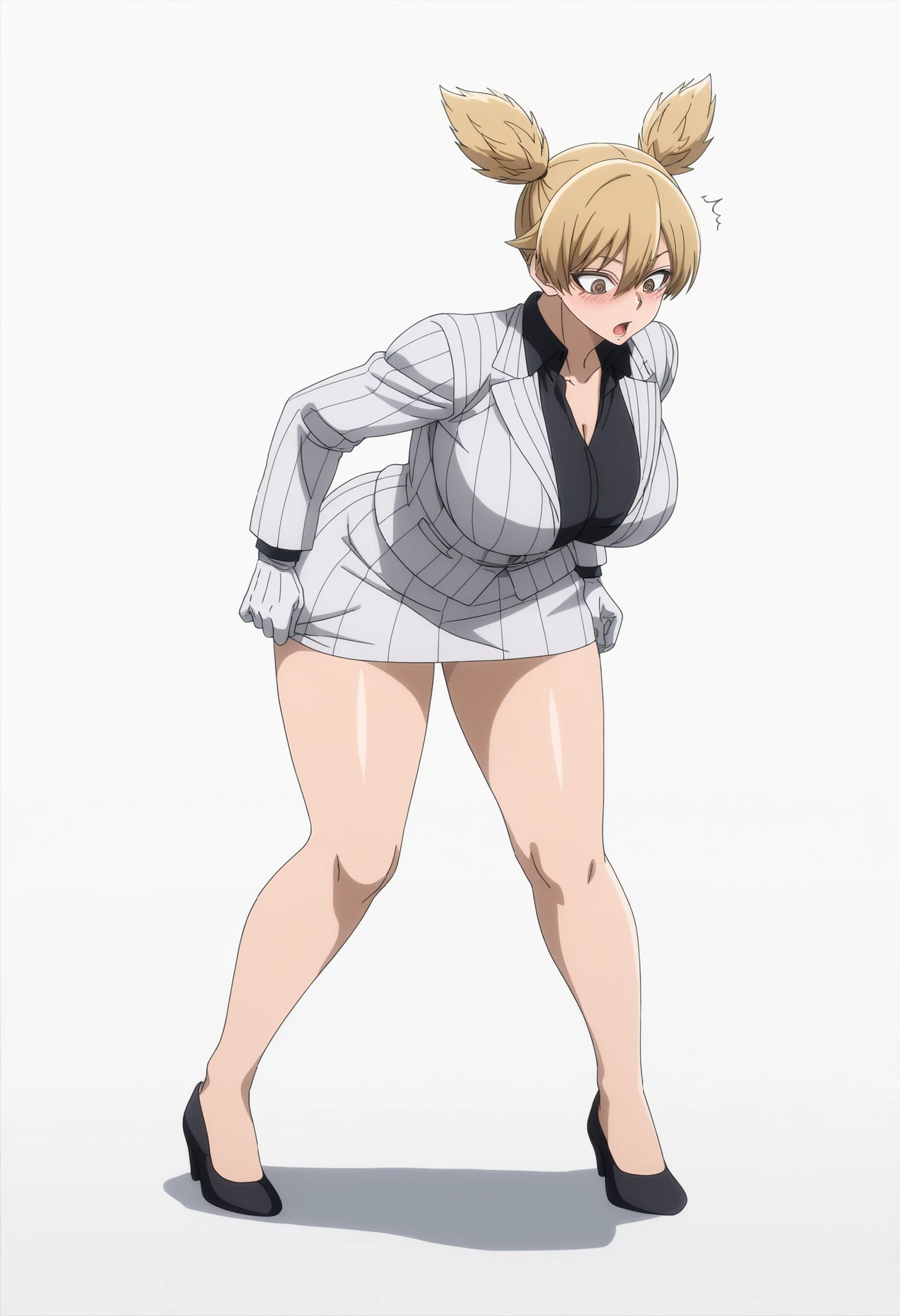 Masterpiece, Top Quality, mm, Mature Woman, Solo, 1gril, Short Hair, Twintails, Blonde Hair, Brown Eyes, Large Breasts, Anime Coloring, Pinstripe Jacket, Striped Jacket, White Jacket, Collared Shirt, Black Shirt, Pinstripe Skirt, White Skirt, Striped Skirt, Pencil Skirt, White Gloves, High Heels, Black Shoes, Open-Mouthed in Surprise, Blushing, Looking Down in Amazement at a Thick Black Dill Pinned to the Floor, Standing (White Background: 1.5),