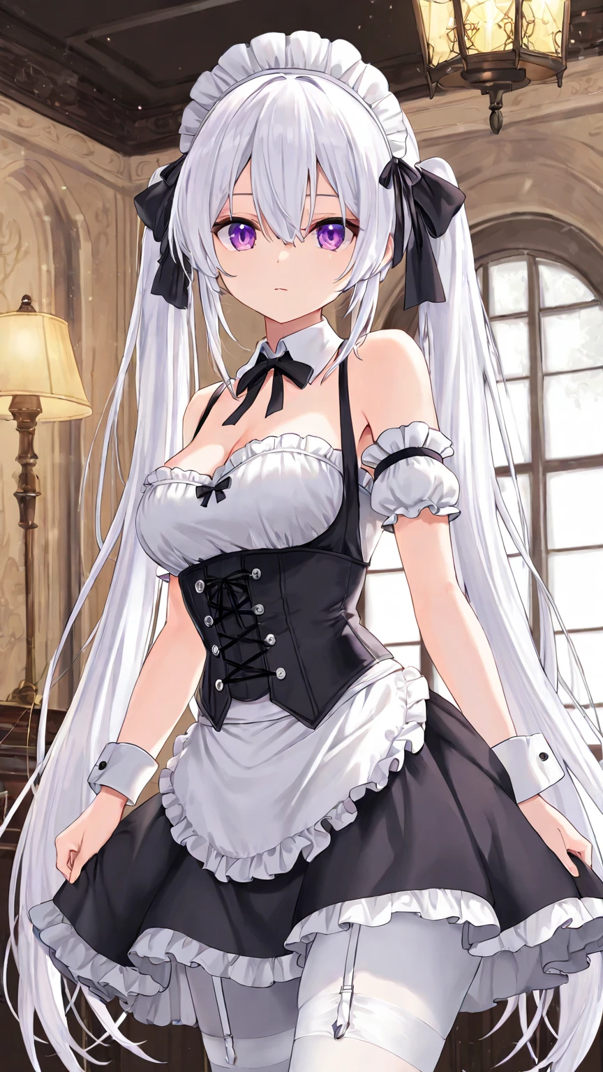 A girl，short hair, Bangs, White hair, Hair between the eyes, Purple Eyes:（1.5),  (Large Breasts:1.2), 
rest  锁骨, Wedding dress，veil，wedding，White dress，Flowers，Broken skirt，White socks，Tights，White knee socks，
looking at viewer, whole body,
indoors, church，Standing，Standing，
rest (masterpiece:1.2), best quality, high resolution, Unity 8k Wallpaper, (illustration:0.8), (Beautiful and delicate eyes:1.6), Extremely detailed face, Perfect lighting, Extremely detailed CG, (Perfect hands, Perfect anatomical structure),