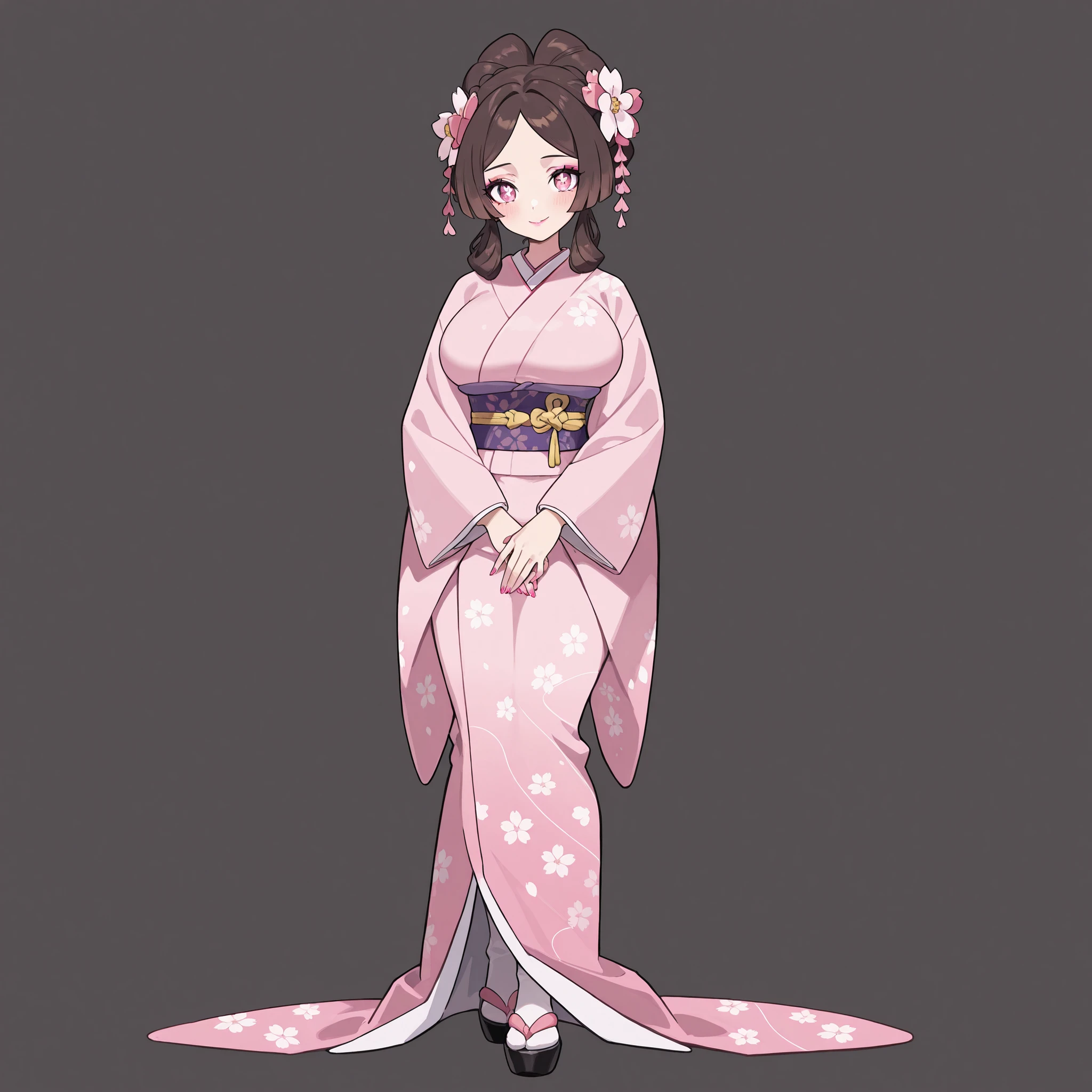 masterpiece, ultra-HD, impressionism, high detail, best quality, very aesthetic, 8K, best quality, beautiful, ultra-high resolution, 32K UHD, sugimorixd, 1woman, solo, short dark brown hair, kanzashi hairstyle, parted bangs, pink eyes, almond-shaped eyes, flower-shape pupils, eyelashes, eyeliner, makeup, pink lips, pink nails, huge breasts, narrow waist, wide hips, thick thighs, shapely legs, slim, pink kimono, long sleeves, purple obi, sakura pattern, blushed, shy, smile, hands on lap, standing, full body, looking at the viewer, simple background, front view