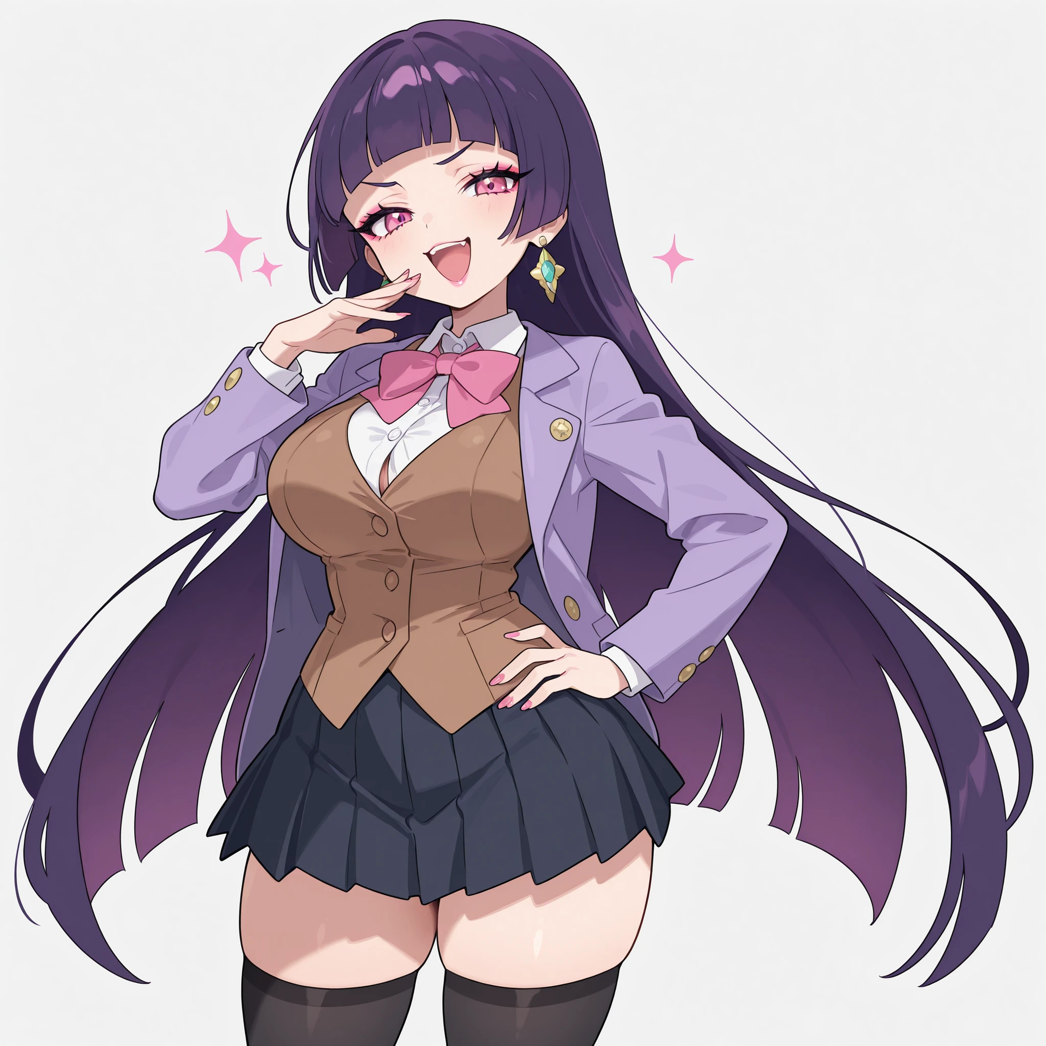 masterpiece, ultra-HD, impressionism, high detail, best quality, very aesthetic, 8K, best quality, beautiful, ultra-high resolution, 32K UHD, sugimorixd, 1girl, solo, very long purple hair, blunt bangs, hime cut, almond-shaped eyes, pink eyes, eyelashes, eyeliner, makeup, pink lips, pink nails, big breasts, narrow waist, wide hips, thick thighs, shapely legs, slim, white buttoned shirt, shirt collar, purple jacket, pink bowtie, brown waistcoat, black thigh high socks, navy blue pleated skirt, earrings, blushed, smirk, smug, laughing, open mouth, cute, ojou-sama pose, hand on hips, standing, looking at viewer, simple background, from the front view
