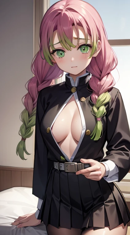 mitsurikanroji, <lora:mitsurikanroji-lora-nochekaiser:1>,
mitsuri kanroji, braid, gradient hair, (green eyes:1.5), green hair, long hair, mole,  mole under eye, multicolored hair, pink hair, twin braids, two-tone hair,
BREAK belt, black skirt, cleavage, coat, demon slayer uniform, haori, japanese clothes, long sleeves, miniskirt,  partially unbuttoned, pleated skirt, skirt, uniform,
BREAK indoors,
BREAK looking at viewer, (cowboy shot:1.5),
BREAK <lyco:GoodHands-beta2:1>, (masterpiece:1.2), best quality, high resolution, unity 8k wallpaper, (illustration:0.8), (beautiful detailed eyes:1.6), extremely detailed face, perfect lighting, extremely detailed CG, (perfect hands, perfect ),