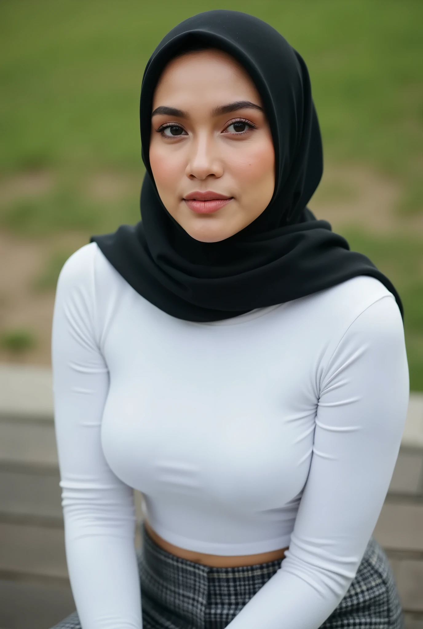 a realistic photo of a beautiful Indonesian woman, wearing black hijab. Confident look, wearing a tight white T-Shirt, round medium-sized breast, soft natural lighting, sitting on bench, outdoor, closed-up above waist shot, facing camera directly, High quality, 8K, masterpiece, urban photography style