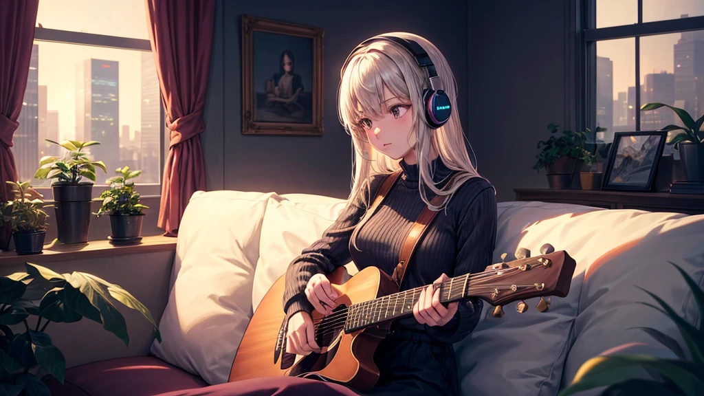 ((masterpiece、Highest quality)) One girl、alone、Black Skirt、Silver-white hair、blue eyes、エレキguitar、guitar、Headphones、lift、Thorn、musical instrument、long hair、music、From one side to the top、Red reflection black hair、playing the guitar、Black Shirt、Inside