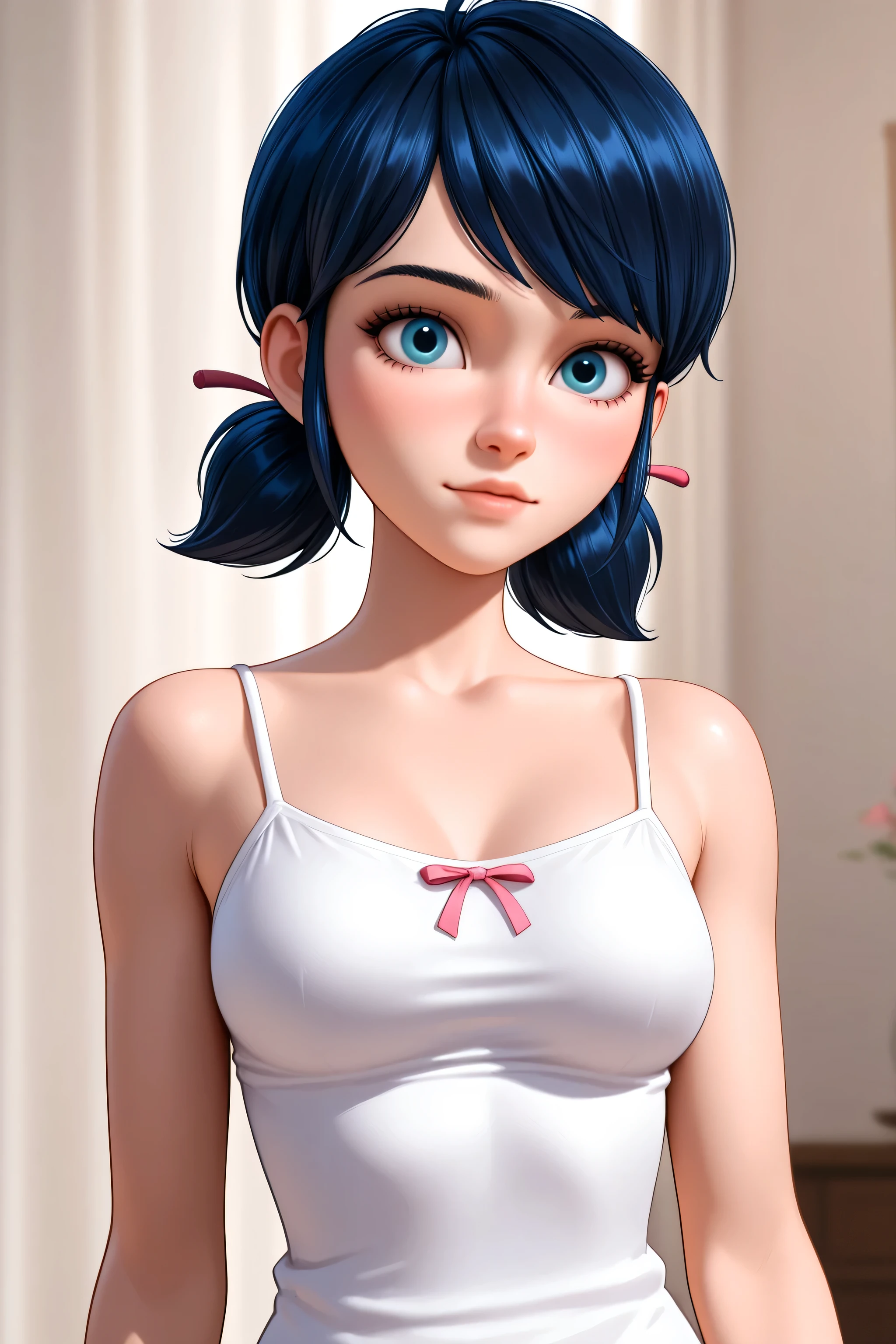 1girls, black hair, female only, medium breasts, blue eyes, solo, upper body, Marinette