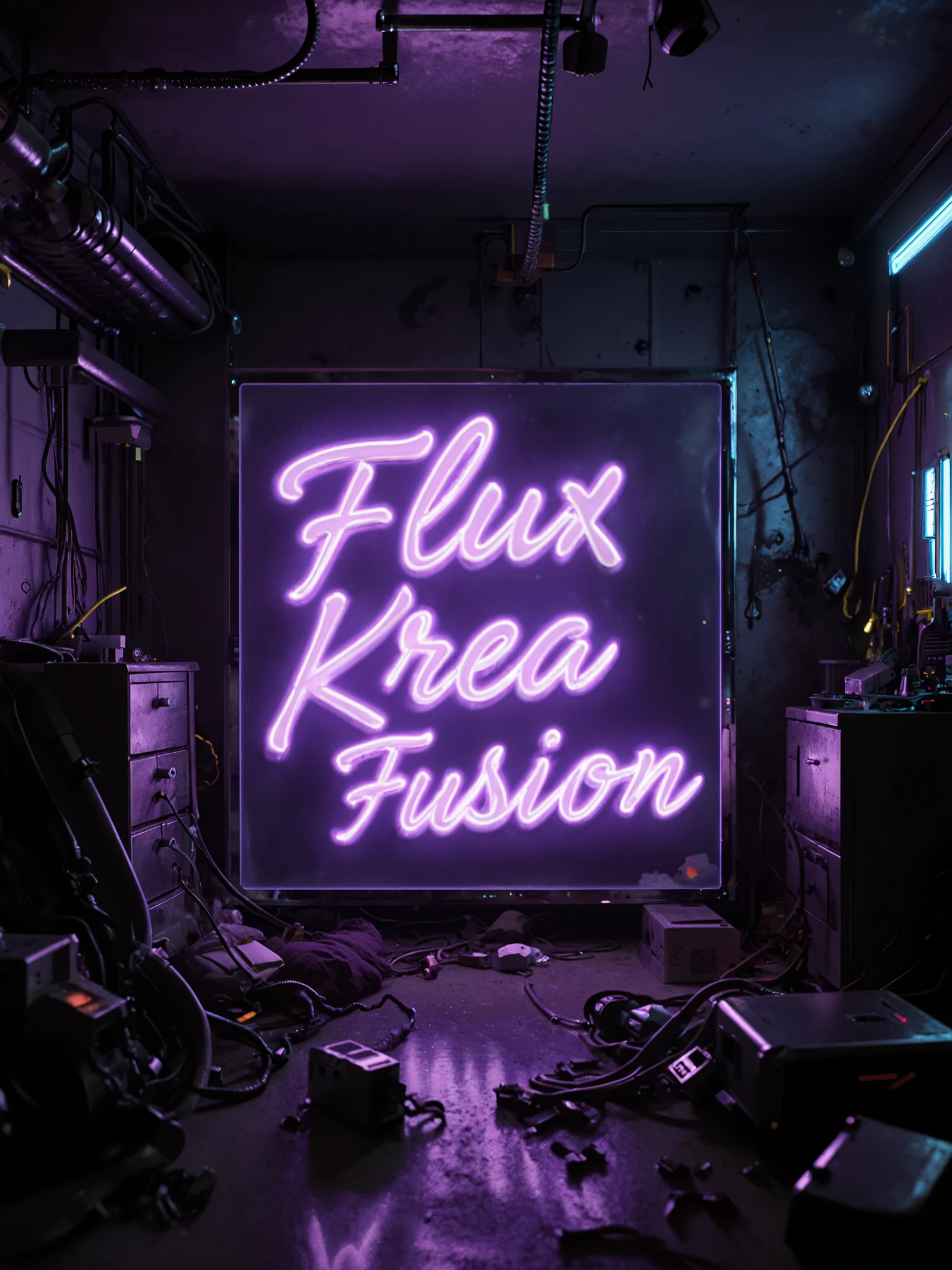 A hyperrealistic scene of a messy bedroom at night. A purple hologram illuminated with neon showing the text in cursive "Flux Krea Fusion". The environment presents cyberpunk elements: cables, neon signs, metal surfaces, Reflections at the 4K level.