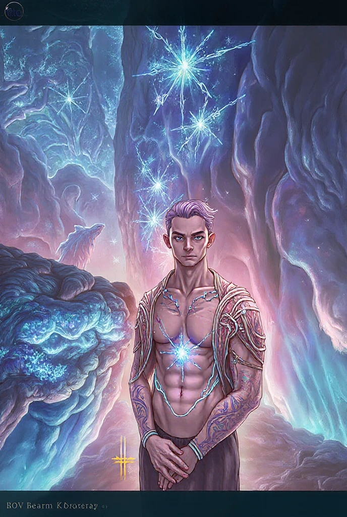 full body character, male, wizard, magic, magical world, 25 years old, smiling expression, short blonde hair with colored tip he has, deep and cheerful pink eyes, diamond necklace he has, wears accessories, he is wearing only , barefoot, he is holding a crystal staff, he has shine coming out of him, half fairy, , , naled,  erectm erecet , background of the fairyland,