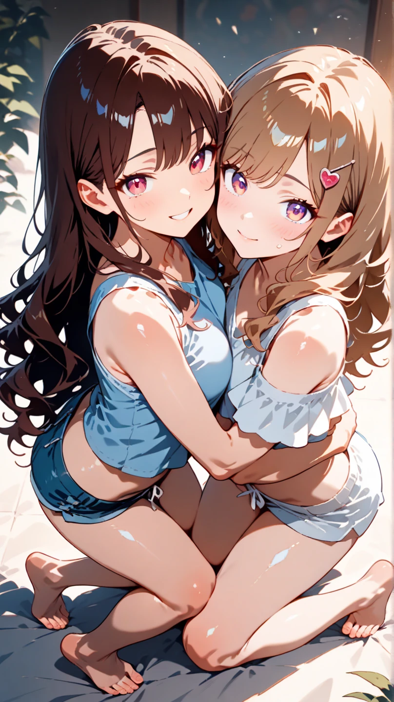 ultra-detailliert, Best Quality, High resolution, ((Two cute little girls with dark hair))、Pretty eyes、Detailed eye depiction、Looking at Viewer, pale skin、（swim wears）、（I'm not wearing panties）、(flat ), (Glasses), (blush:1.2),（big eye：1.5）, An embarrassed smile, ,　the beach、Focus on the face、Long hair,　bustshot、