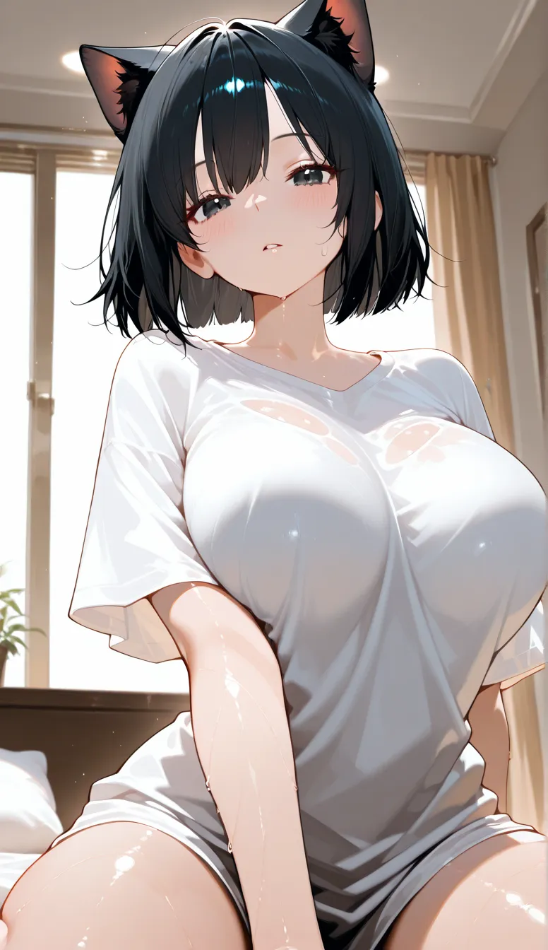 japanese modest girl,superrealistic anime,unkempt hair,white t-shirt, gray sweat pants,large tareme,curvy,medium hair,at home,