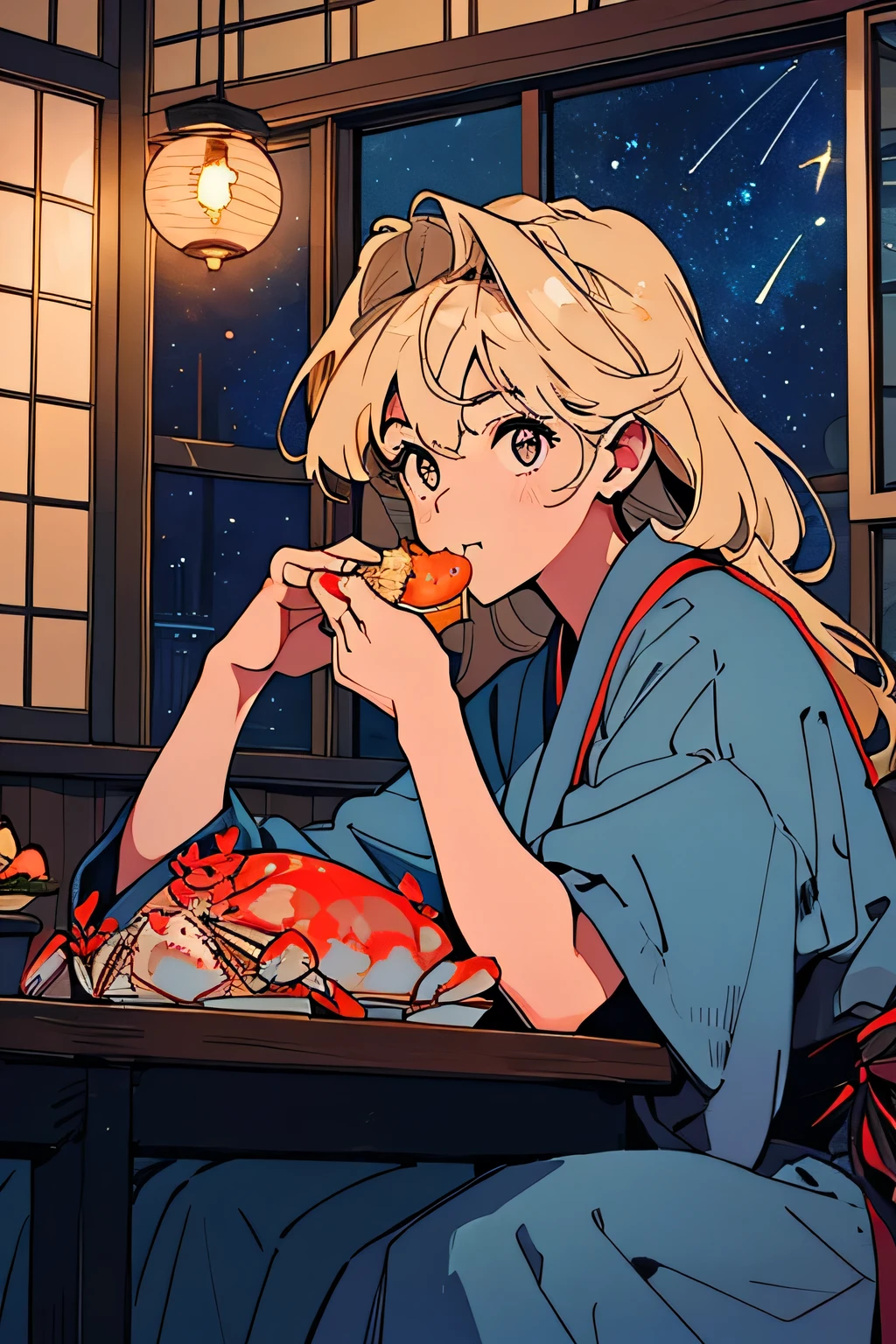animation、high image quality、high resolution、one woman between stores、(((I'm eating a big crab)))、Japanese restaurant、Tatami room、lavish meal、(((I can see the starry sky through the window)))