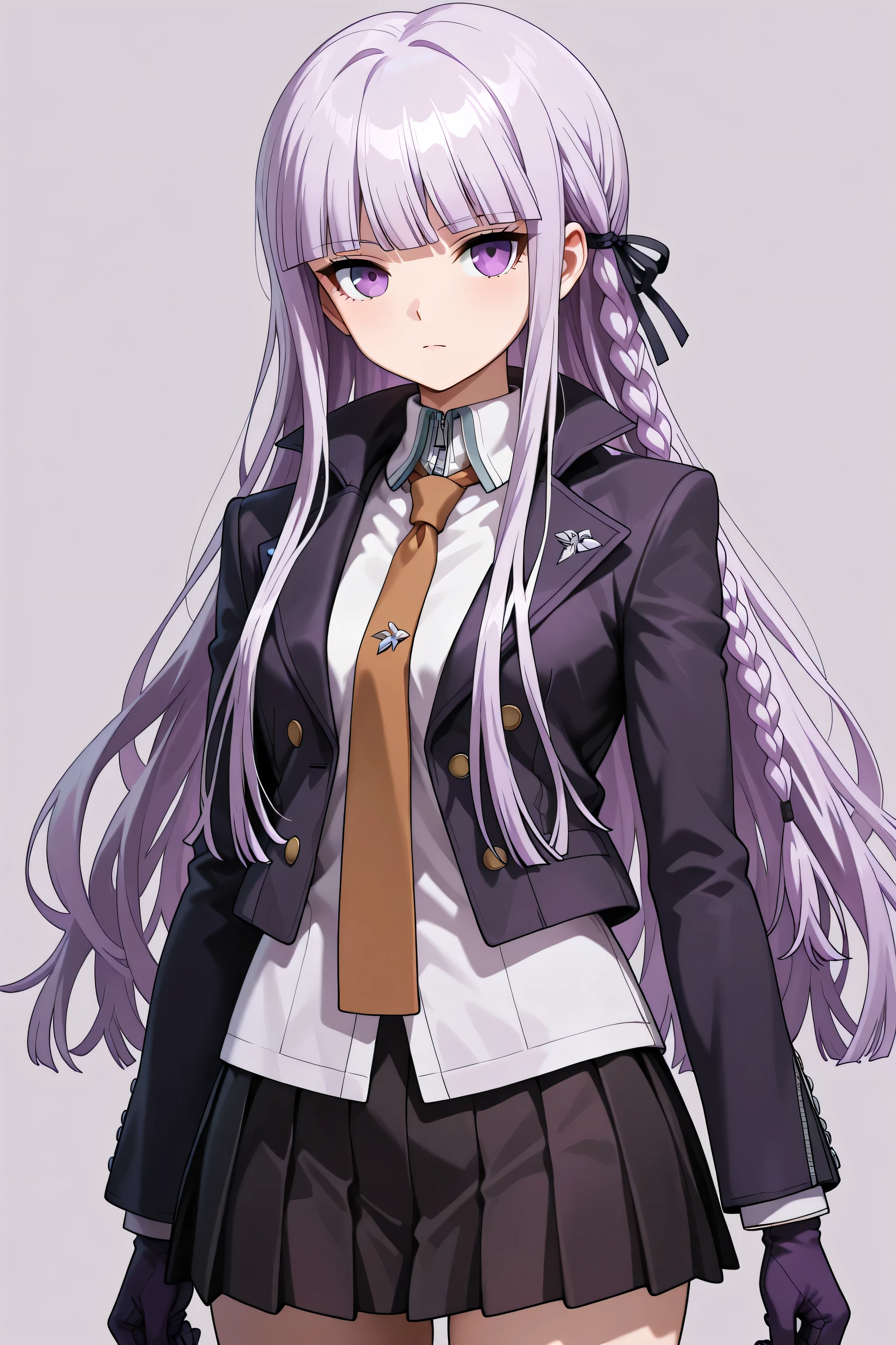 skirt, shirt, gloves, long sleeves, jacket, white shirt, pleated skirt, open clothes, necktie, collared shirt, black skirt, open jacket, black jacket, black ribbon, brown necktie,,<lora:kyouko-kirigiri-s1-ponyxl-lora-nochekaiser:1>, kyouko kirigiri, long hair, bangs, ribbon, purple eyes, hair ribbon, purple hair, braid, single braid, side braid,,