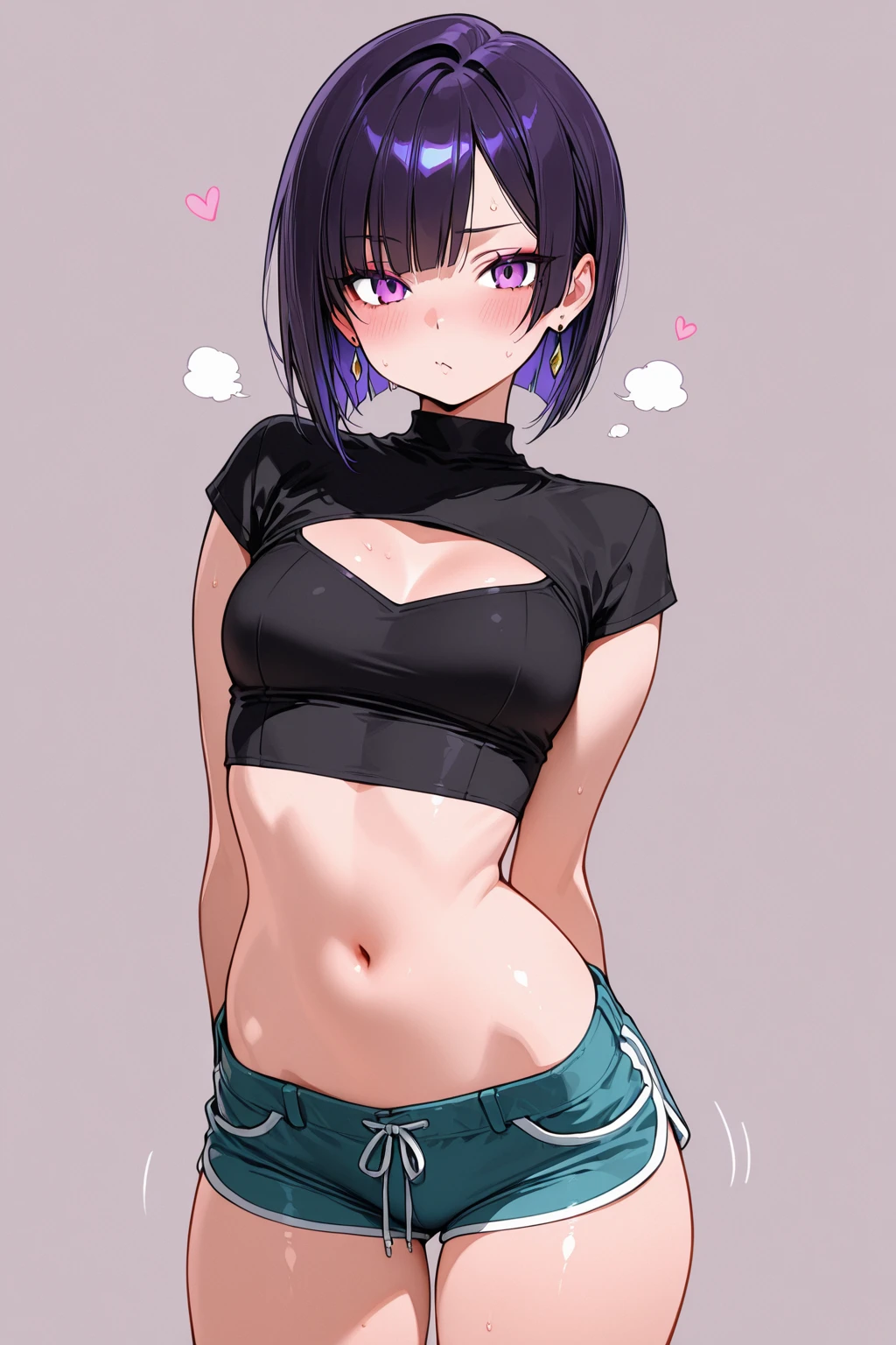 (masterpiece, best quality),  shizukazom100, 1girl, short hair, dark purple hair, bangs, hair ornament, hairclip, pink eyes, white pupils, , collarbone,  sweater, turtleneck, crop top overhang, underboob, sleeveless, micro shorts, cowboy shot, arms at sides, legs, standing, no panties, gorin, open fly,