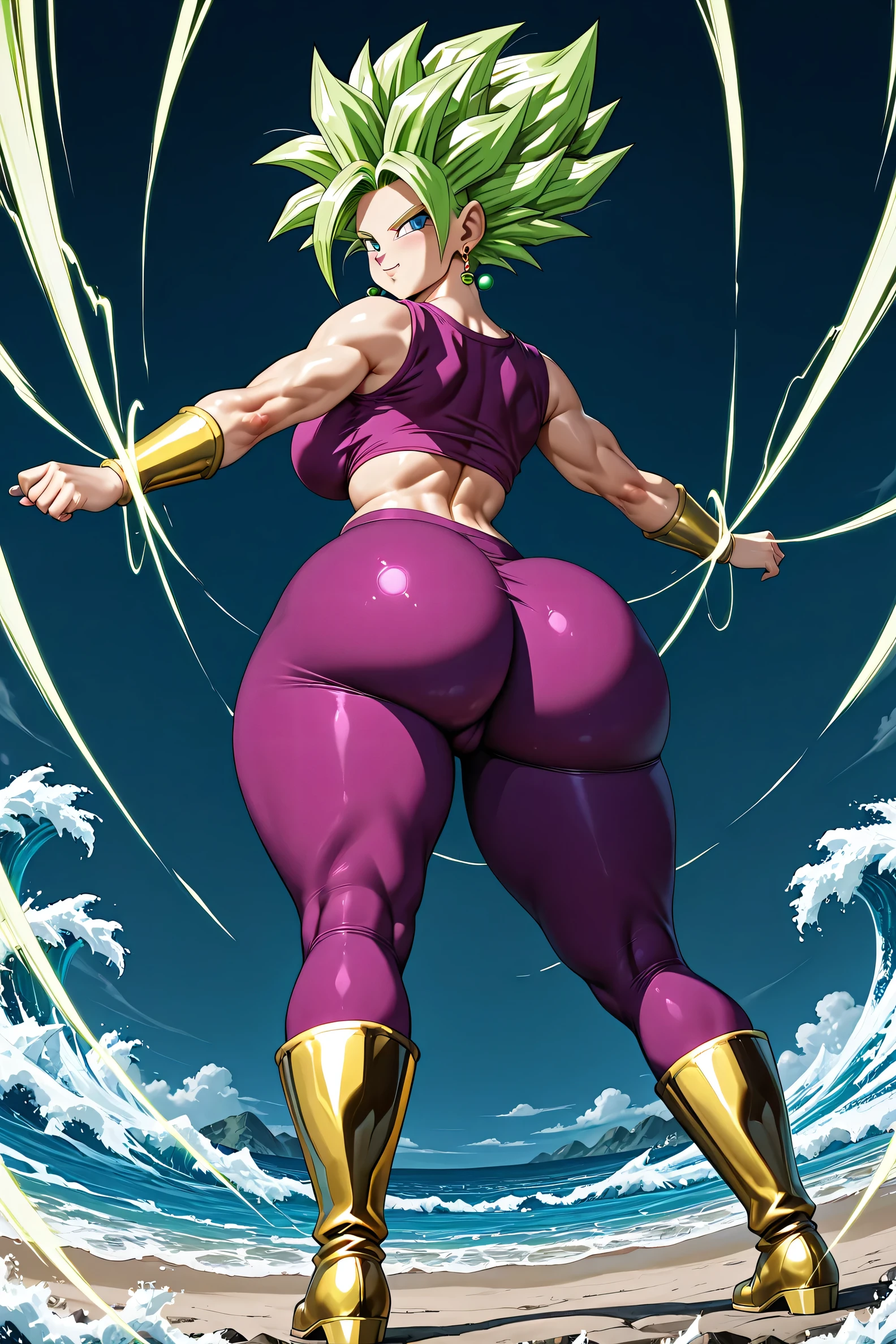 Super Saiyan Kefla from Dragon Ball Super, anime art style, cinematic view . Dark dramatic background, almost completely black, simple and minimal to highlight her form. Her golden Super Saiyan aura glows intensely, bursting with lightning arcs, sparks, and waves of energy that illuminate the darkness.  

Her body is hyper exaggerated with gigantic bubble  focus — absurdly huge, round, and dominating the entire frame. Her ultra-tight classic Kefla outfit is stretched to the absolute limit over her enormous booty and thick thighs, making her curves the central focus. Wide , muscular legs, thicc proportions, and  yet powerful stance.  

She wears her classic outfit: sleeveless crop top, ultra-tight purple pants, golden wristbands, golden boots, and green Potara earrings. Her radiant spiky golden Super Saiyan hair glows brightly, casting dramatic light across her exaggerated curves.  

Her pose radiates confidence and raw power: strong, dominant, and . The gigantic bubble , glowing aura, and thicc body create an epic balance of femininity, strength, and exaggerated proportions.  

Anime art style, ultra detailed, sharp focus, vibrant colors, cinematic lighting, Dragon Ball inspired artwork, gigantic bubble  focus, hyper thicc style.  