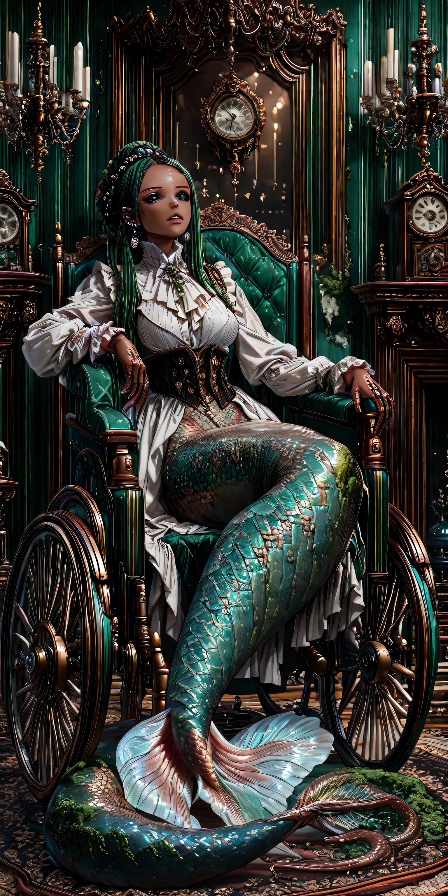 aidmaMJ6.1,detailed,masterpiece, best quality, ultra-detailed, (elegant eel-tailed mermaid in Victorian parlor:1.6), (moss-green eel tail draped elegantly:1.4), (mahogany skin with copper undertones:1.3), (ornate Victorian wheelchair by fireplace:1.3), (webbed fingers resting on armrest:1.2), (moss green frilled gills with pearl piercings:1.4), (large finned otoliths:1.3), heart-shaped face, high cheekbones, full lips, (dark-green dreadlocks with copper beads:1.3), (silver slitted eyes, black sclera:1.4), (Victorian parlor setting:1.4), velvet upholstery, ornate wallpaper, crystal chandelier, oil paintings, steampunk clock, Her form fits neatly in the chair, facing the viewer, screencap.
Negative Prompt:
lowres, bad anatomy, underwater scene, fish tail instead of eel tail, human legs, incorrect anatomy, missing gills, wrong eye color, text, error, missing fingers, extra digit, fewer digits, cropped, worst quality, low quality, normal quality, jpeg artifacts, signature, watermark, username, blurry, wrong skin tone, missing