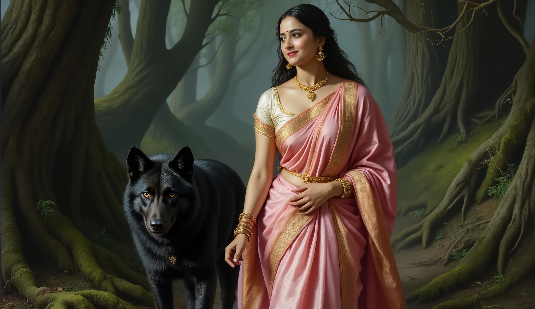 Full hd elegant picture of princess wearing wet pink saree and wet half sleeves pink blouse walking with black wolf in the scary forest full picture