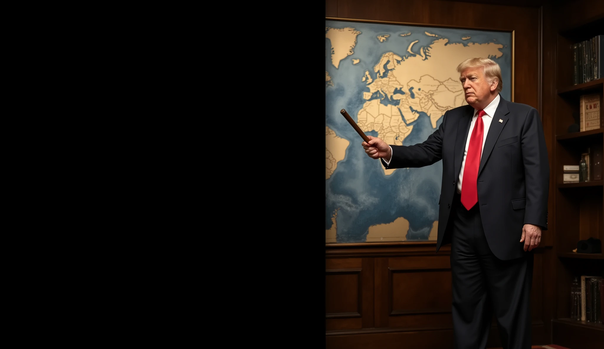 "Photorealistic YouTube thumbnail, split into two halves. Right side: Donald Trump standing in a classic presidential office, pointing with a stick at a large wall map of the world, with Alaska clearly highlighted. Trump should look realistic, serious, and well-lit. Left side: completely plain black background with no details, reserved for text. High quality, sharp details, cinematic lighting."
