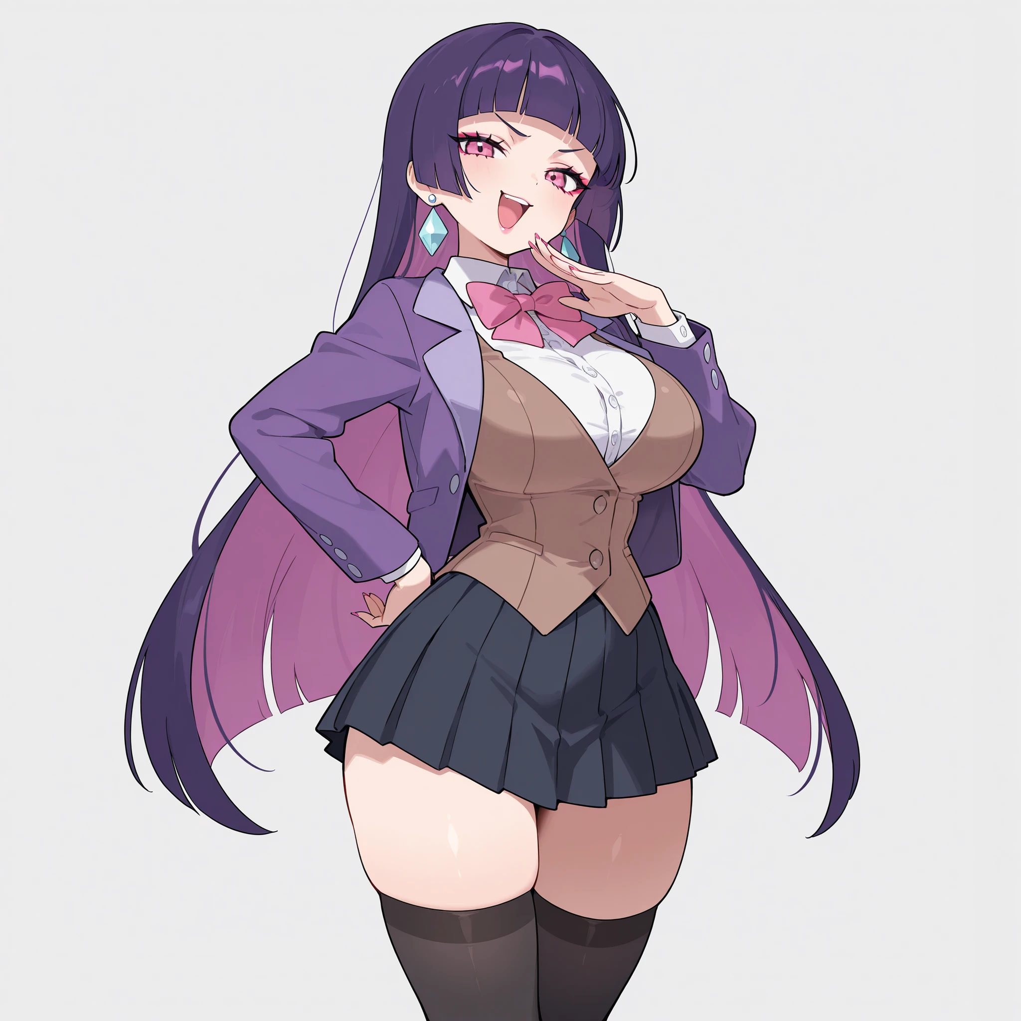 masterpiece, ultra-HD, impressionism, high detail, best quality, very aesthetic, 8K, best quality, beautiful, ultra-high resolution, 32K UHD, sugimorixd, 1girl, solo, very long purple hair, blunt bangs, hime cut, almond-shaped eyes, pink eyes, eyelashes, eyeliner, makeup, pink lips, pink nails, big breasts, narrow waist, wide hips, thick thighs, shapely legs, slim, white buttoned shirt, shirt collar, purple jacket, pink bowtie, brown waistcoat, black thigh high socks, navy blue pleated skirt, earrings, blushed, smirk, smug, laughing, open mouth, cute, ojou-sama pose, hand on hips, standing, looking at viewer, simple background, from the front view