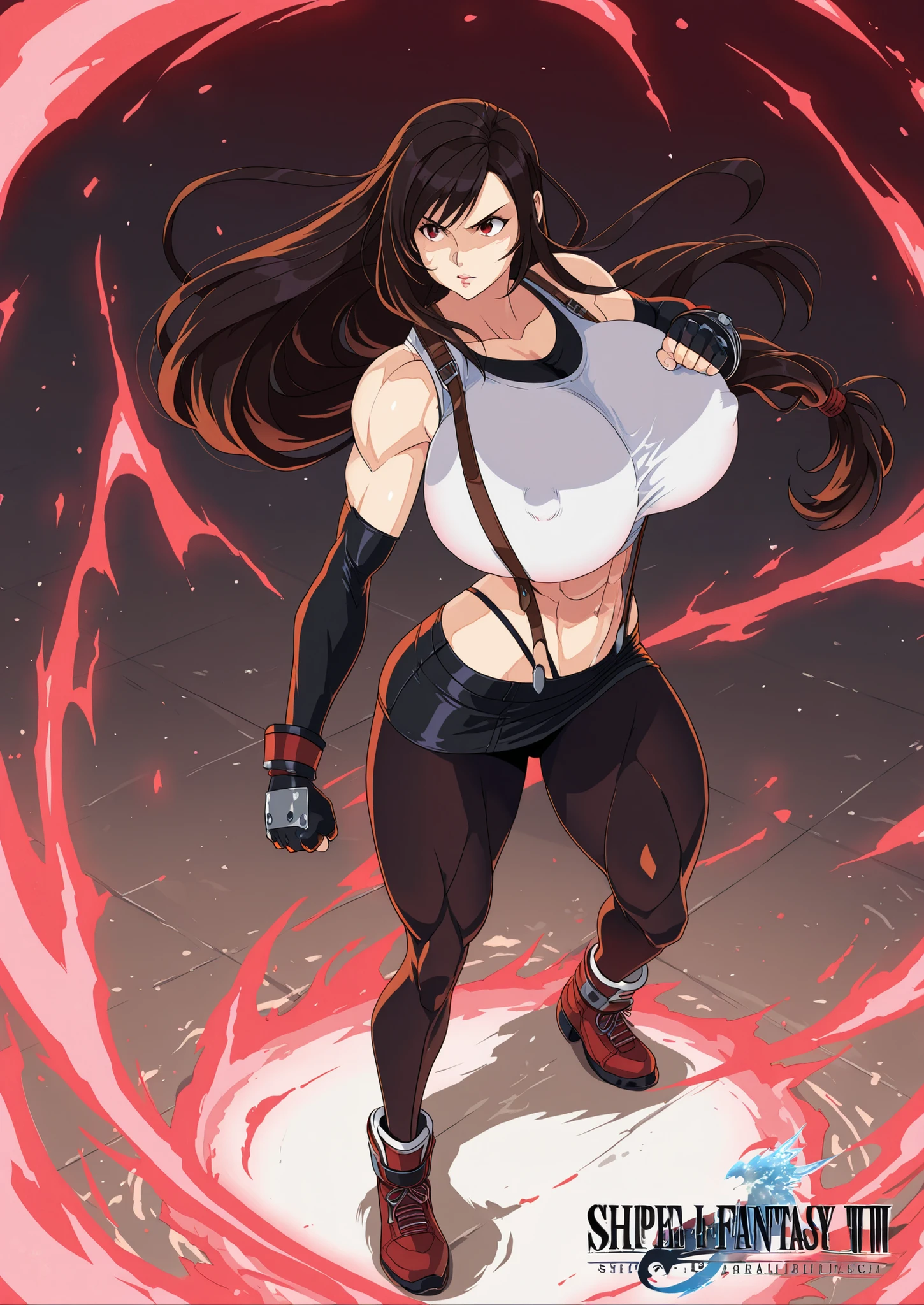 masterpiece, best quality, Tifa Lockhart Limit Break, red energy aura, she has massive hyper breasts, covered nipples, gigantic breasts, Fighting Style,  powerful bodybuilder thighs, bare legs, thong, thong straps on hips,  abs, narrow waist,  extremely wide hips, she is strong and beautiful , muscular, tight white midriff tshirt, leather suspenders, micro skirt, amazon body, dark haired, red eyes, anime style, 8k, Super Detailed, Dynamic Poses, Battle Stance, final fantasy 7, hyper curvy,