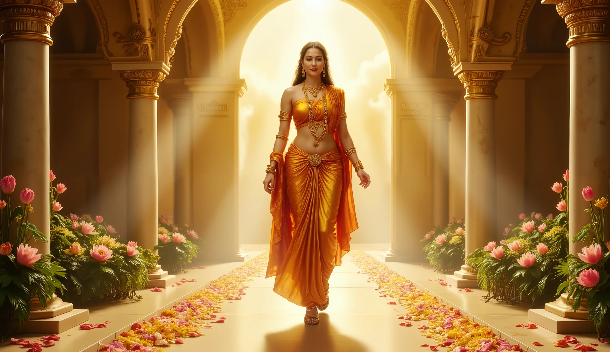 The scene opens with a golden glow as the gates of Swarg (heaven) appear, shining with divine light.
Marble floors sparkle like crystal, and the air is filled with soft clouds and glowing lotuses.
A radiant Apsara emerges, dressed in shimmering silk garments adorned with gold jewelry that glitters under the heavenly light.
She walks gracefully across a pathway of lotus petals, her anklets producing a soft, melodic sound.
The surroundings are filled with celestial gardens, rivers of nectar, and divine music flowing through the air.