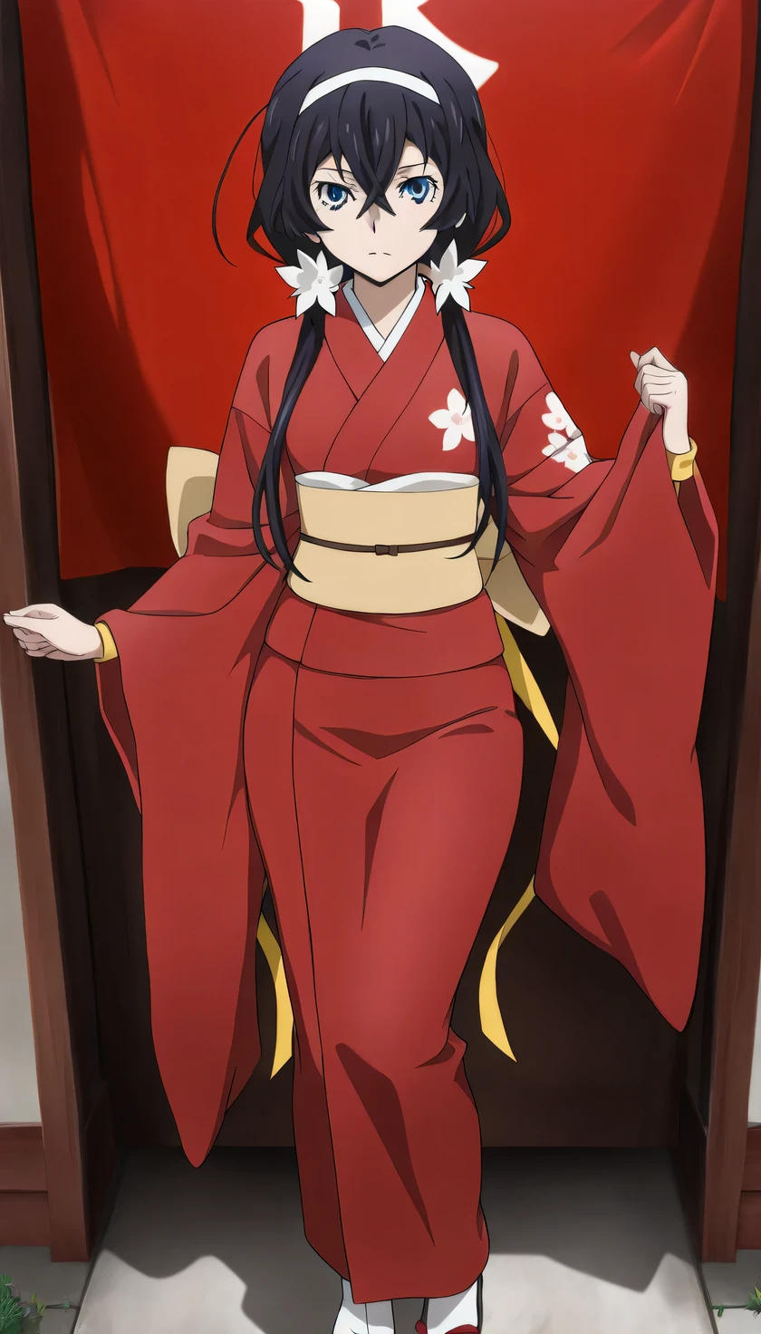 {{{masterpiece}}}, (best quality:1.5), (ultra-detailed:1.5), {illustration}, {{an extremely delicate and beautiful}}, (beautiful detailed eyes:1.3), absurdres, highres, extremely detailed face, 16k, hd, visual anime de uma jovem mulher, extremamente bonito rosto de anime, anime melhor garota, (perfect hands, perfect anatomy), anime face, izumi kyouka(Bungou Stray Dogs), kyouka, 1girl, solo, cute face, (black hair:1.3), long hair, low twintails, hair band, crossed bangs, sidelocks, slender face, narrow chin, sharp eyes, blue eyes,(High resolution eyes, Beautiful eyes, Light in the eyes), medium breasts, big hips, curvaceous, BREAK, japanese clothes, furisode, (red kimono:1.3), red sleeves, long sleeves, wide sleeves, (red arm cover:1.3), yellow wristband, yellow obi, back_waist_ribbon, (yellow ribbon:1.1), long ribbon, pencil skirt, red skirt, tabi, white legwear, sandals,