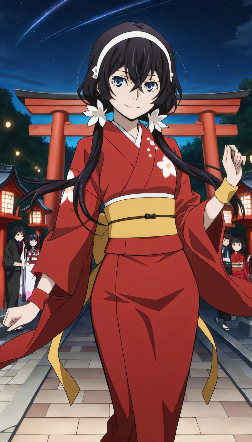 {{{masterpiece}}}, (best quality:1.5), (ultra-detailed:1.5), {illustration}, {{an extremely delicate and beautiful}}, (beautiful detailed eyes:1.3), absurdres, highres, extremely detailed face, 16k, hd, visual anime de uma jovem mulher, extremamente bonito rosto de anime, anime melhor garota, (perfect hands, perfect anatomy), anime face, izumi kyouka(Bungou Stray Dogs), kyouka, 1girl, solo, cute face, (black hair:1.3), long hair, low twintails, hair band, crossed bangs, sidelocks, slender face, narrow chin, sharp eyes, blue eyes,(High resolution eyes, Beautiful eyes, Light in the eyes), medium breasts, big hips, curvaceous, BREAK, japanese clothes, furisode, (red kimono:1.3), red sleeves, long sleeves, wide sleeves, (red arm cover:1.3), yellow wristband, yellow obi, back_waist_ribbon, (yellow ribbon:1.1), long ribbon, pencil skirt, red skirt, tabi, white legwear, sandals, BREAK, cute face, smiling, walking, looking at viewer, outdoor, people, shinto shrine, bonodori, stone walkway, torii, month, night, night sky, star, cowboy shot