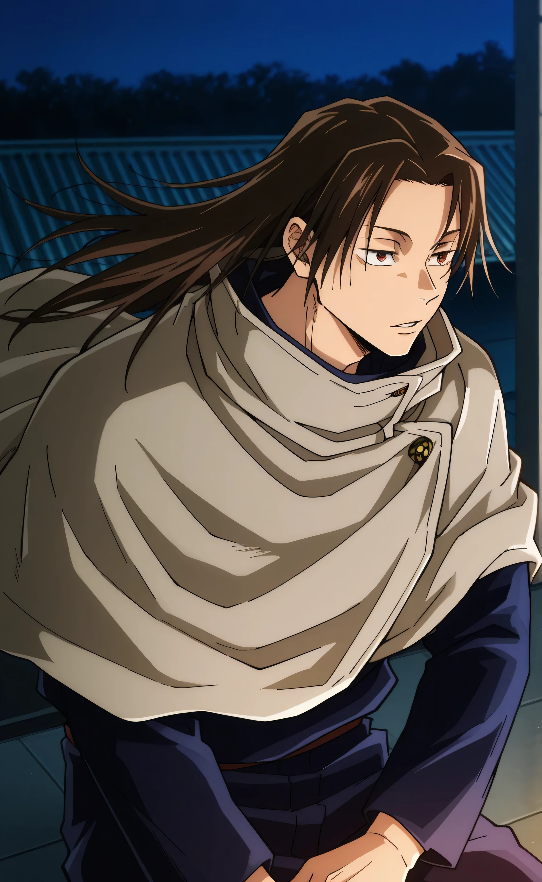 1male,solo,Hao Asakura,long hair,dark-brown hair,red-brown eyes,jujutsu high school uniform, light-brown over-cape,rooftop,night,japamese, Jujutsu Kaisen Style