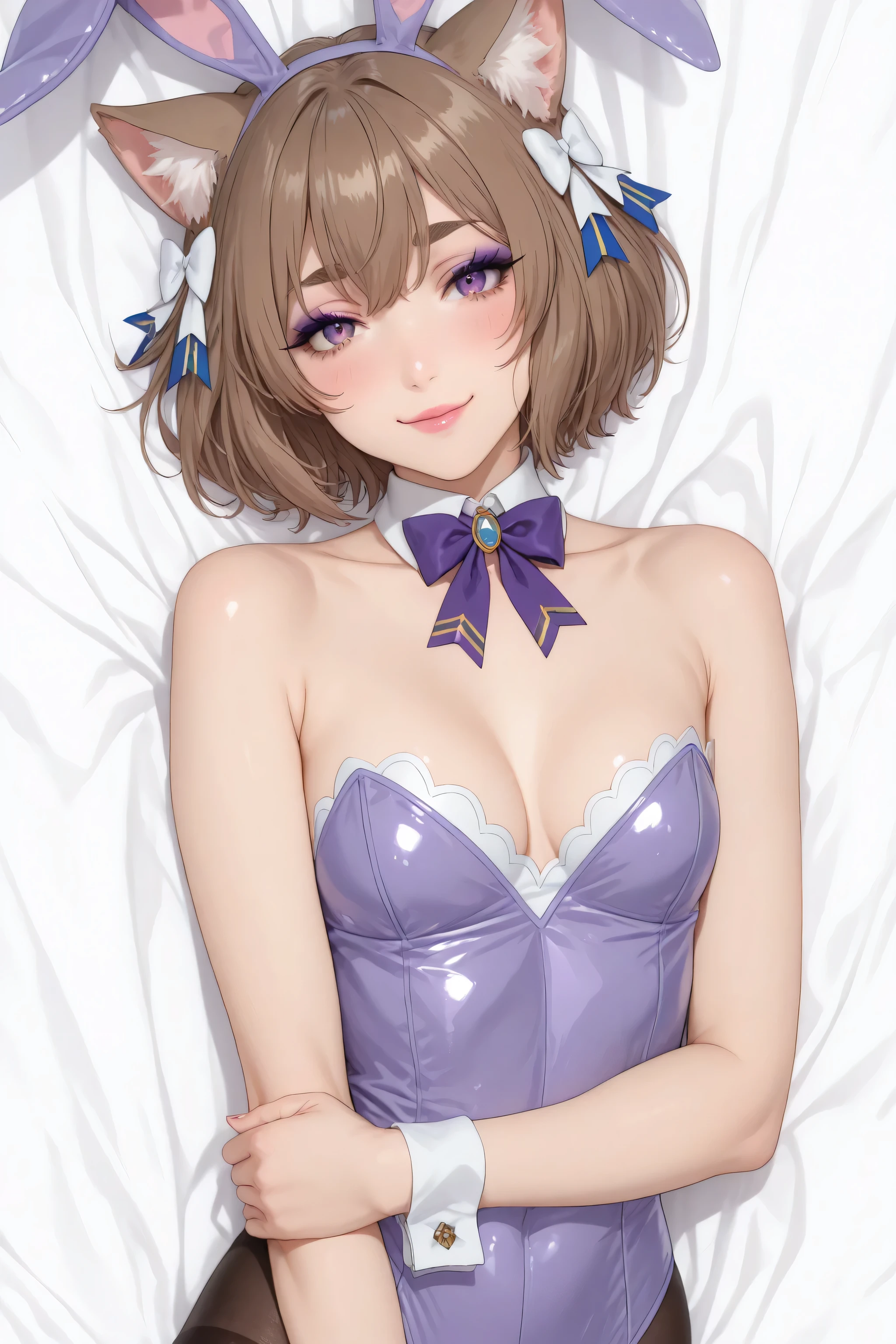 felix argyle, short hair, bangs, brown hair, bow, animal ears, hair bow, male focus, cat ears, eyelashes, bob cut, thick eyebrows, white bow, otoko no ko, small breasts, collarbone, bow, animal ears, cleavage, bare shoulders, pantyhose, bowtie, rabbit ears, leotard, black pantyhose, strapless, purple bow, detached collar, fake animal ears, playboy bunny, purple leotard, strapless leotard, thighband pantyhose, purple bowtie, glossy lips, face onlymasterpiece, dakimakura, high resolution, blush, smile, looking at viewer, standing up, masterpiece, best quality, highly detailed, high quality facial features, purple lipstick, perfect eyes, seductive pose, purple eyeshadow, hugging a dakimakura,