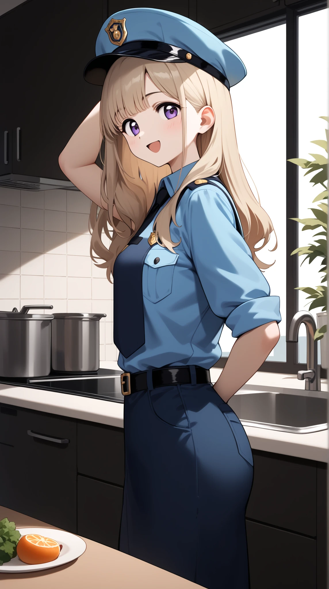 Anime, 2d anime, cartoon anime, detailed illustration, dynamic angle, ultra-detailed, illustration, full body shot, 1girl, 1950’s stay at home wife, button up blouse and long skirt, anime half closed eyes. A knowing smile, standing in kitchen, domestic goddess, blonde white American woman