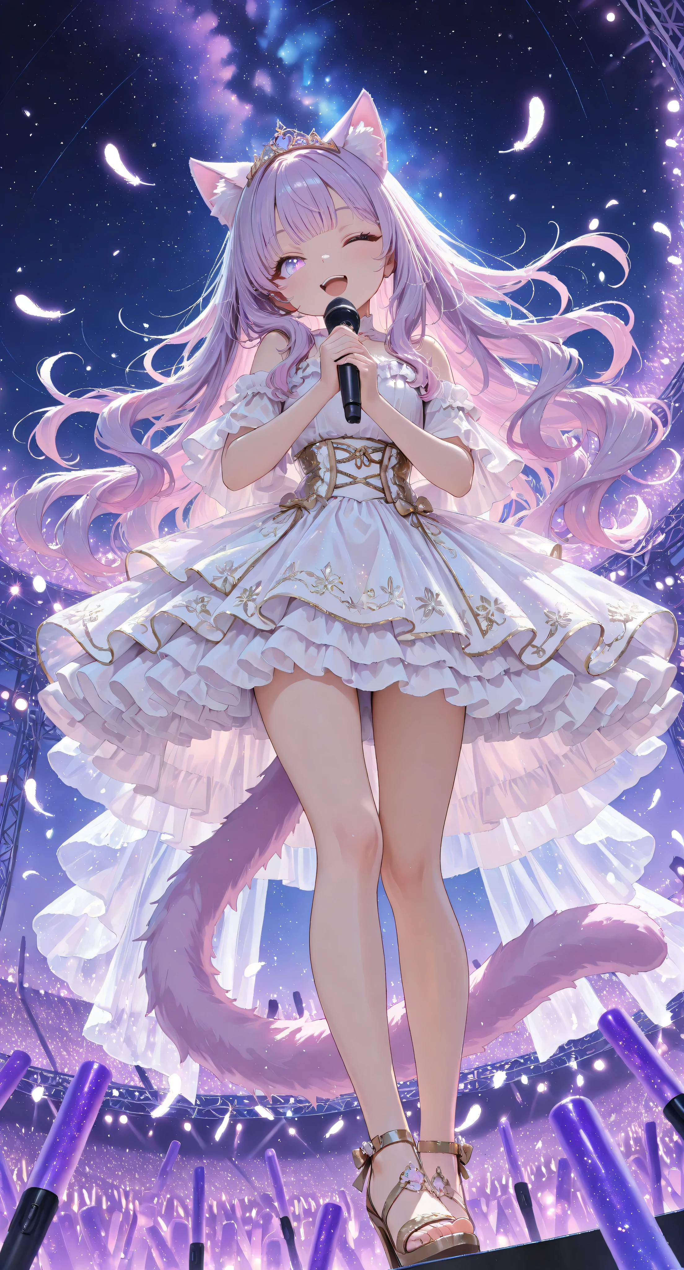 1girl, age 19, cat ears and long fluffy tail with bell, very large bust, bright and alluring,
long lavender wavy hair with soft front bangs, sparkling lavender gradient eyes,
fluffy lavender cat ears with pale pink inner fur, long fluffy tail with small bell at tip,
outfit: pearl and lace silk corset top, layered translucent tulle skirt flowing dramatically, high-heel strap sandals with tiny gems, tiara, glowing feather ornaments, magical aura effects, holding stage microphone,
pose: holding microphone with both hands singing, OR spinning on stage with hair and tail flowing, OR reaching out from stage wing while winking at audience,
expression: passionate singing eyes, sweet seductive smile, playful wink toward audience,
camera angle: dynamic low-angle looking up for stage presence, close-up on sparkling eyes and mouth, wide stage shot showing flowing hair and tail movement,
background: magical lights swirling around stage, fantasy concert audience, starry night sky backdrop, glowing ethereal stage effects,
anime style, ultra high quality, fantasy and magical performance aesthetic,
--low quality, child, loli