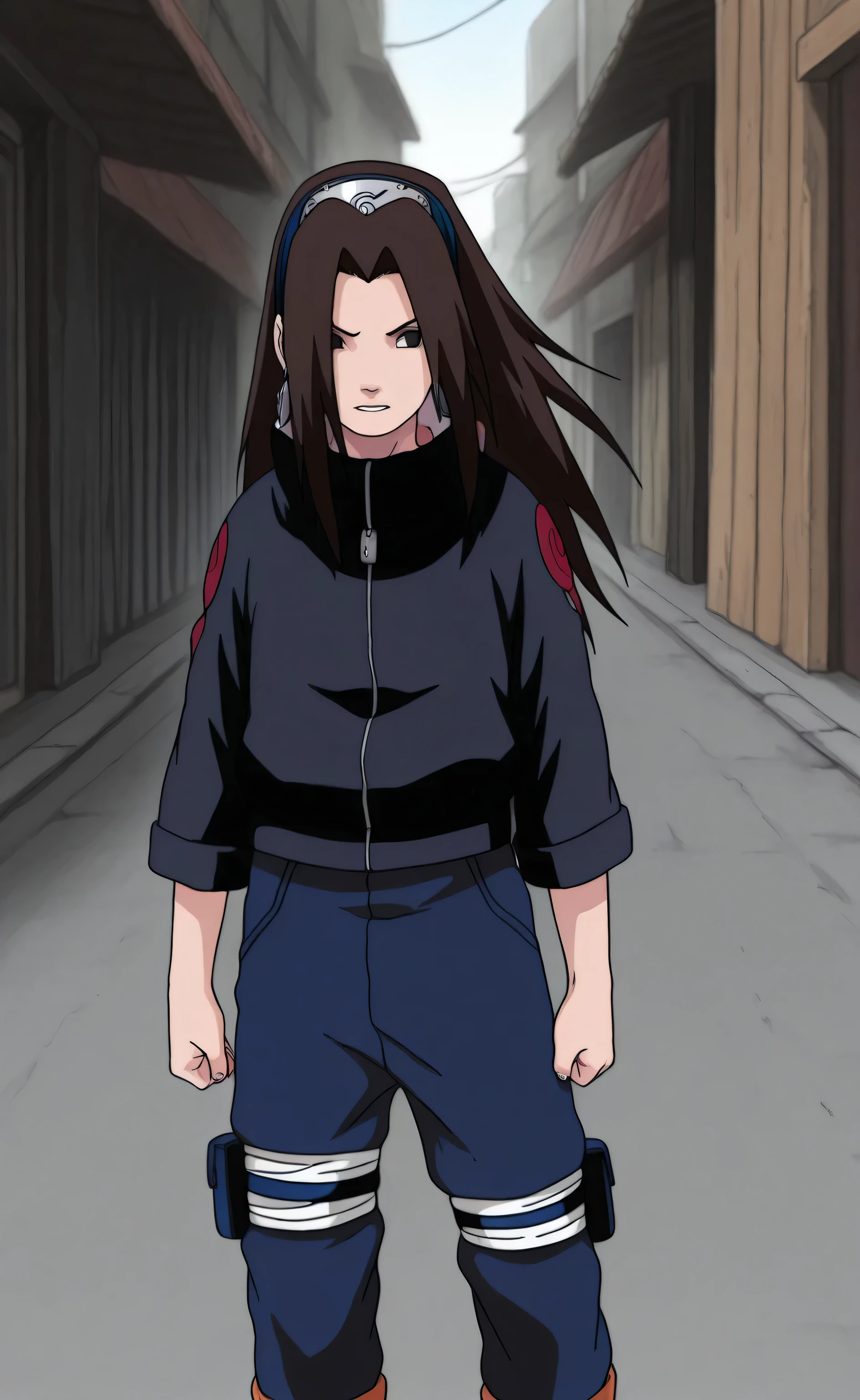 1boy,solo,Hao Asakura,long hair,dark-brown hair,black eyes,grim,earring,konoha headband,  black jacket,darkblue pants,street,konoha gakure ,Naruto Style,