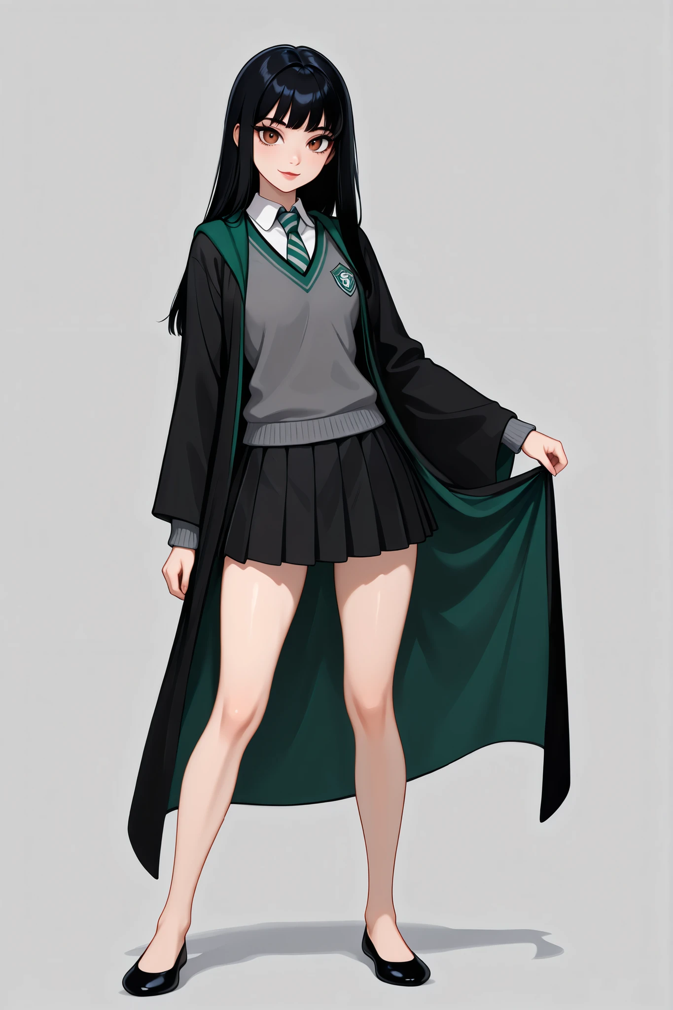 score_9, score_8_up, score_7_up, best quality, masterpiece, 4k resolution, 1girl, solo, youthful, beautiful, full body, long straight hair, pitch black hair, brown eyes, sharp eyes, looking at viewer, elegant posture, bare legs, smooth body, clean skin, hogwarts uniform, slytherin, black robe, necktie, striped necktie, collared shirt, sweater, pleated skirt, grey sweater, flats, ballet shoes, black shoes, vibrant expression,