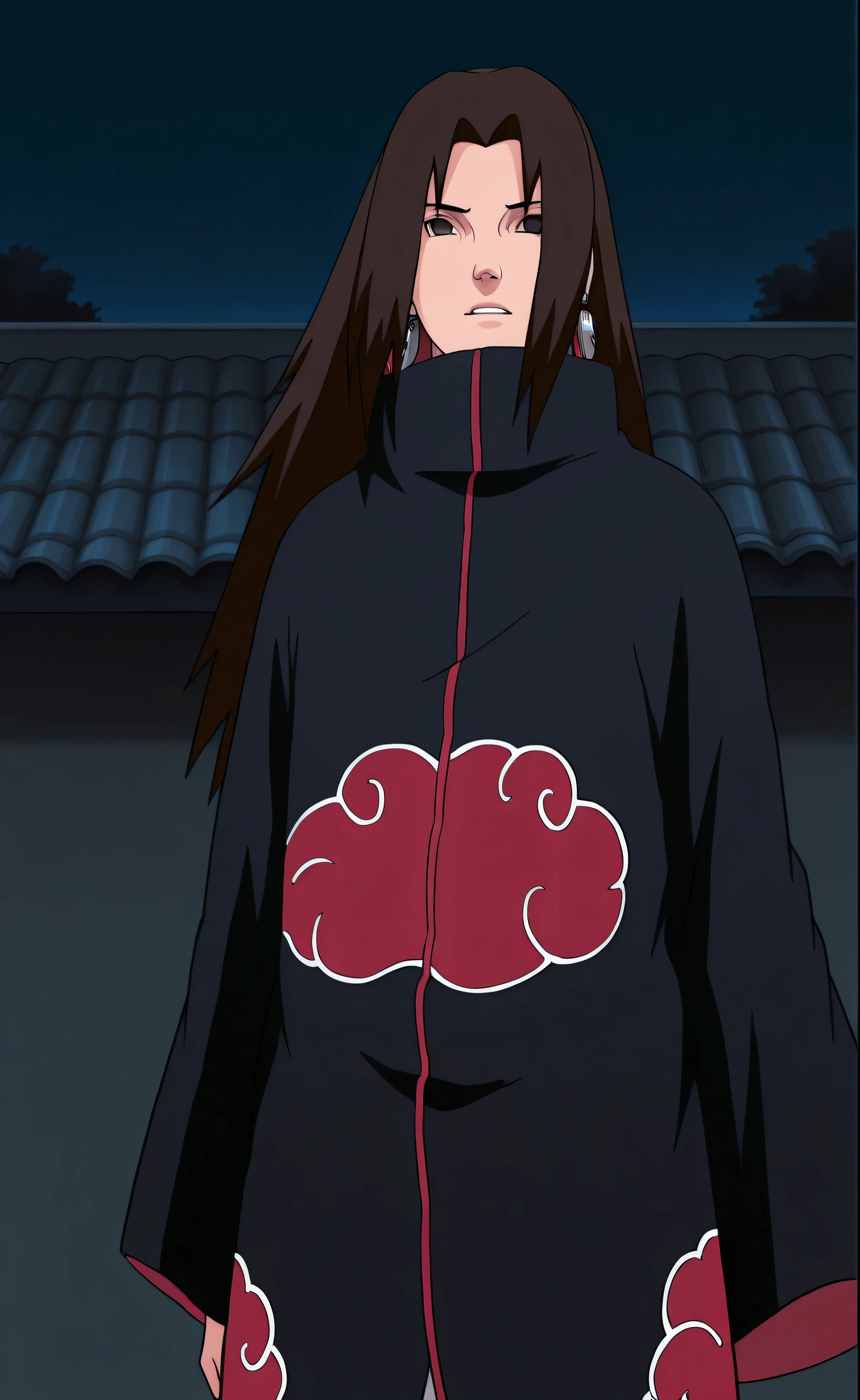 1male,solo,Hao Asakura,long hair,dark-brown hair,black eyes,grim,earring,Akatsuki Outfit ,rooftop,night,konoha,male focus,Naruto Shippuden Style,