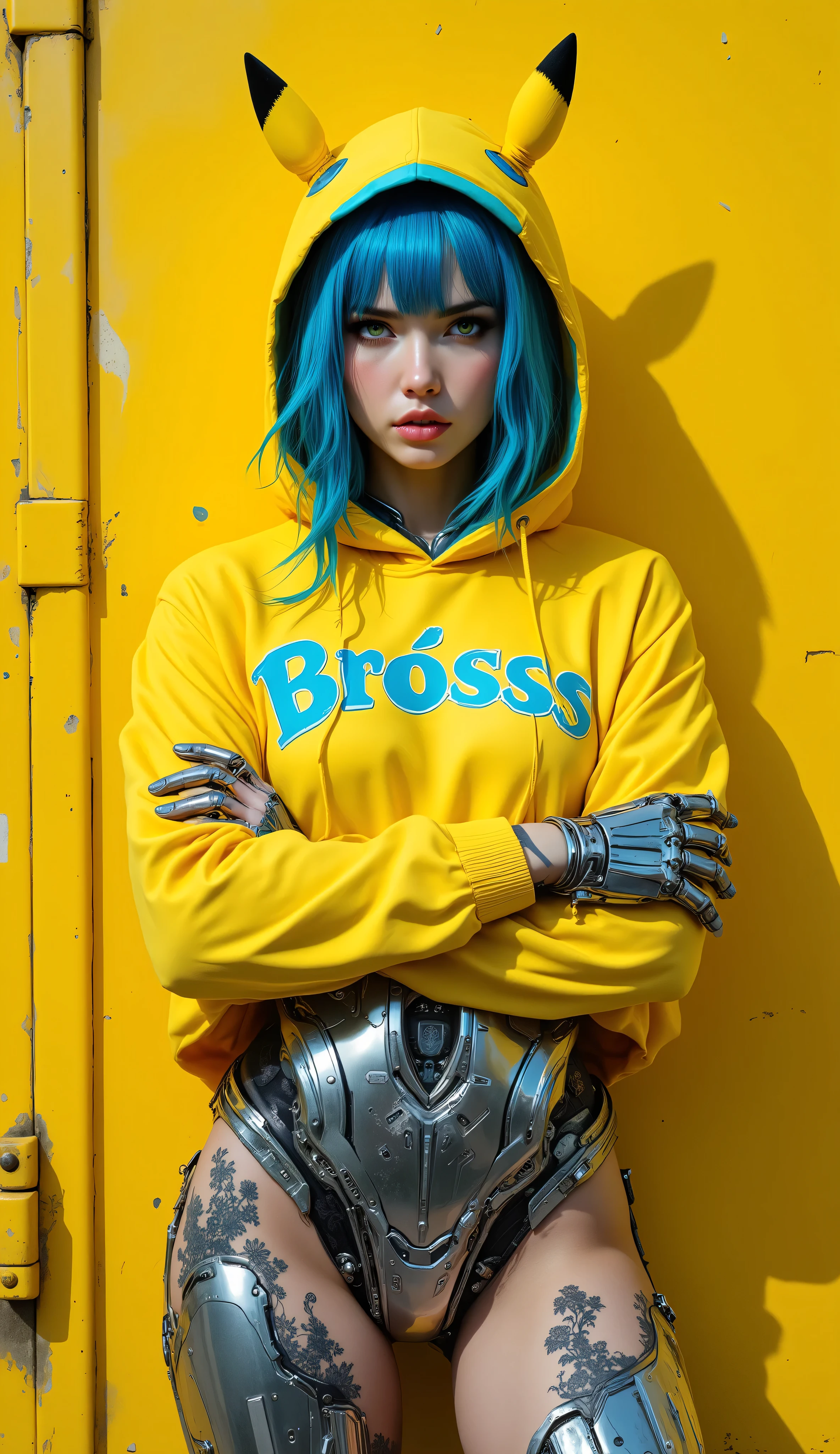 Fine Detailed, OBbllai, PosingDynamicsDaal, aidmaHandsPOV A hyper-realistic portrait of a cybernetic woman standing confidently in front of a vibrant yellow industrial wall. **Her arms are casually crossed, mechanical fingers tucked under her elbows, as she stares directly into the lens with piercing intensity.** Her athletic physique is exposed under a cropped yellow-and-blue synthetic windbreaker hoodie emblazoned with "Bross", revealing intricate chrome biomechanical panels embedded into her abdomen and ribs. Blue hair cascades from under a stylized yellow hood designed to resemble Pikachu ears. Her facial structure is delicate yet enhanced with visible cybernetic implants running from her jawline to her temples. Black floral tattoos stretch across her sculpted waist and navel, contrasting the metallic armor. Her expression is calm but unwavering, neutral yet unreadable. Low sunlight reflects off her mechanical frame, casting high-contrast shadows along her midsection. Captured with a 50mm lens, shallow depth of field, cinematic sharpness, muted yellow and chrome color palette. Gritty cyber-streetwear aesthetic, futuristic realism, neon punk elegance.  